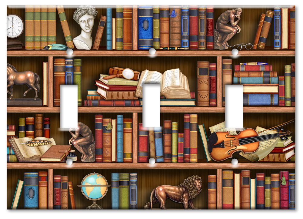 Decorative Art Plates - Books in Library Switch Plate Cover - Triple Toggle Light Switch - Perfect for Home Office, Study Room & Library Decor