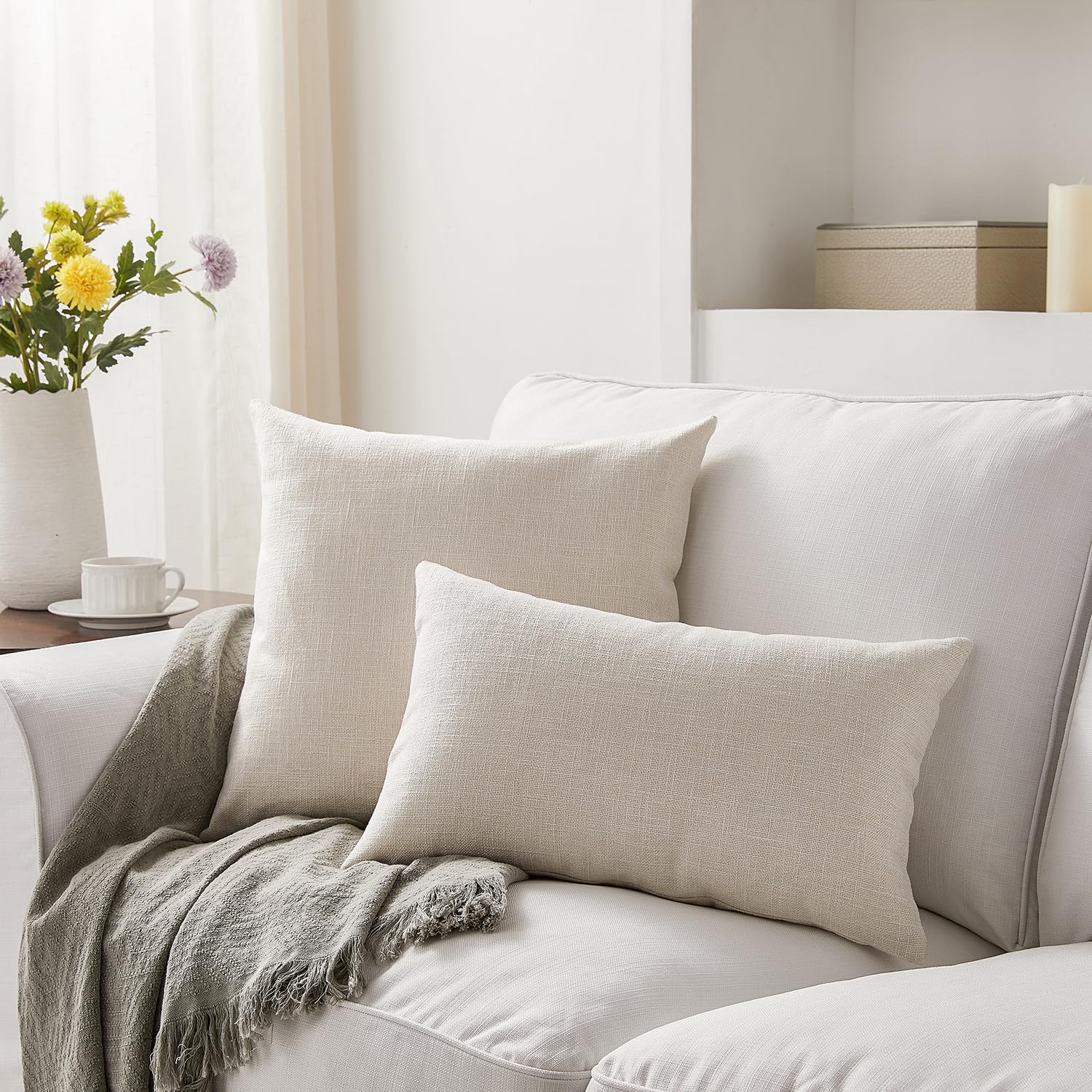 Meekio Set of 2 Ivory Linen Pillow Covers 16x16 Inch - Farmhouse Boho Decorative Throw Pillow Covers for Sofa, Couch, Bed - Soft Cushion Covers for Living Room, Bedroom & Home Décor
