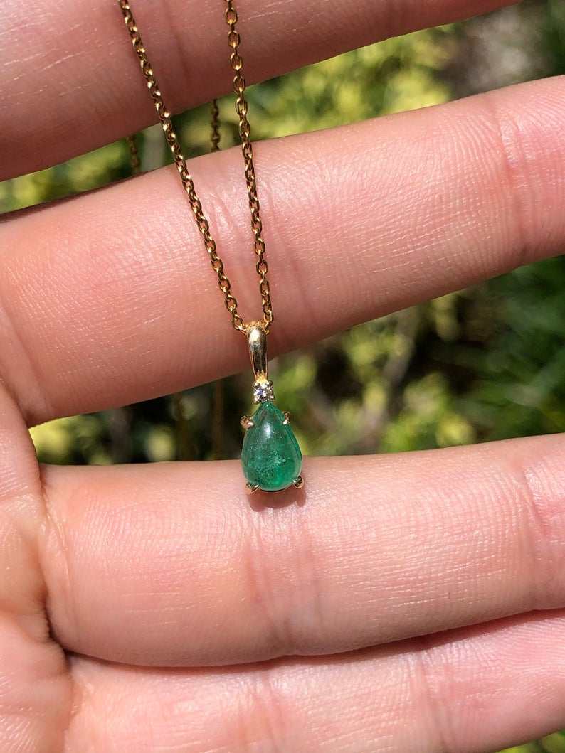 0.83tcw Cabochon Emerald Pear & Diamond Accent Pendant in 14K Gold - Elegant Jewelry Gift for Women, Perfect for Weddings, Anniversaries & Special Occasions