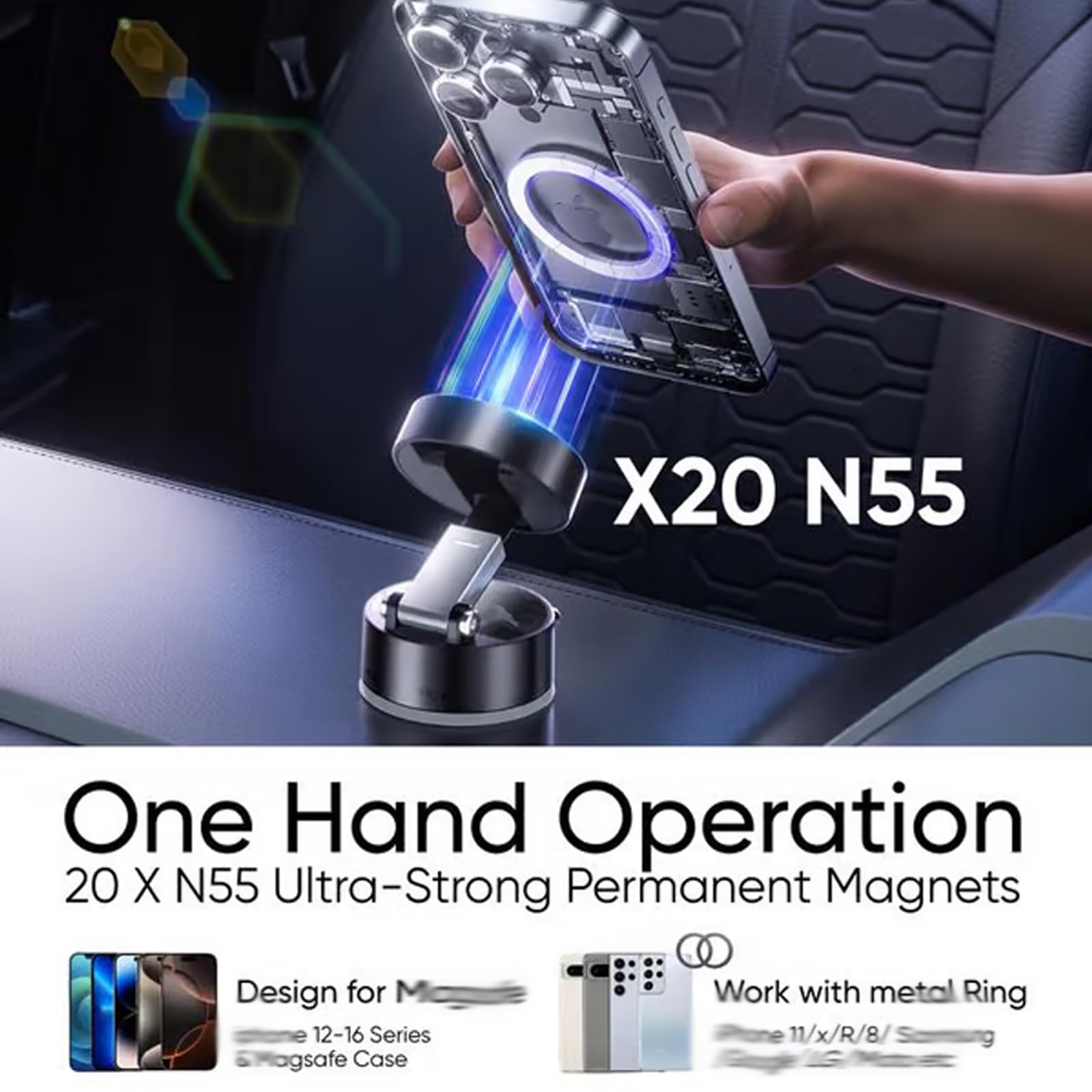 Magnetic Car Phone Holder with Strong Vacuum Suction - Adjustable Double-Sided Mount for iPhone, Samsung & Smartphones - Perfect for Driving, Commuting & Hands-Free Navigation (Black)