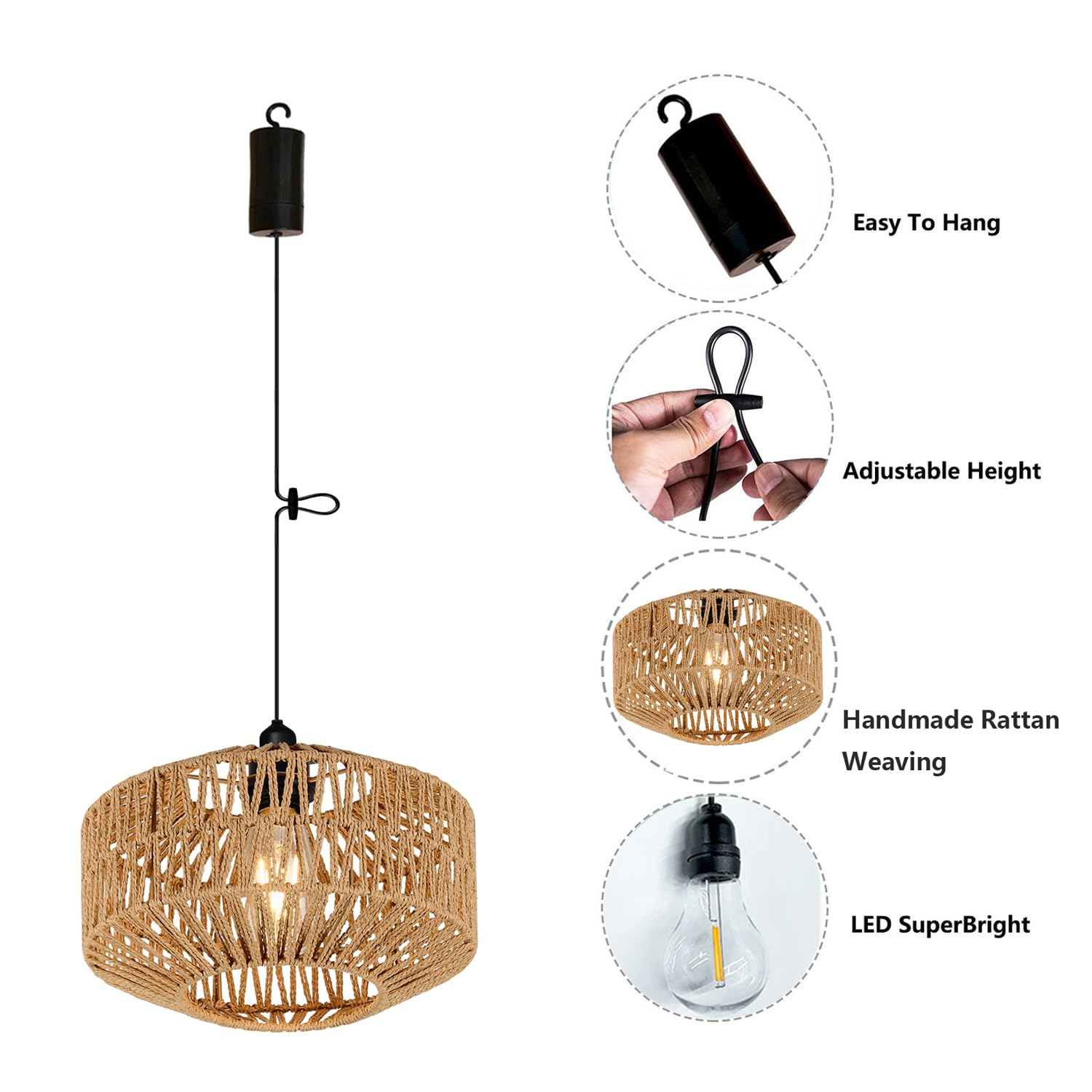 Battery Operated LED Pendant Light with Remote & Timer - Outdoor Chandelier for Gazebo, Porch, Patio - Boho Rattan Lampshade - 4 AA Battery Powered Hanging Lantern - Farmhouse & Backyard Decor for Evening Gatherings and Outdoor Dining