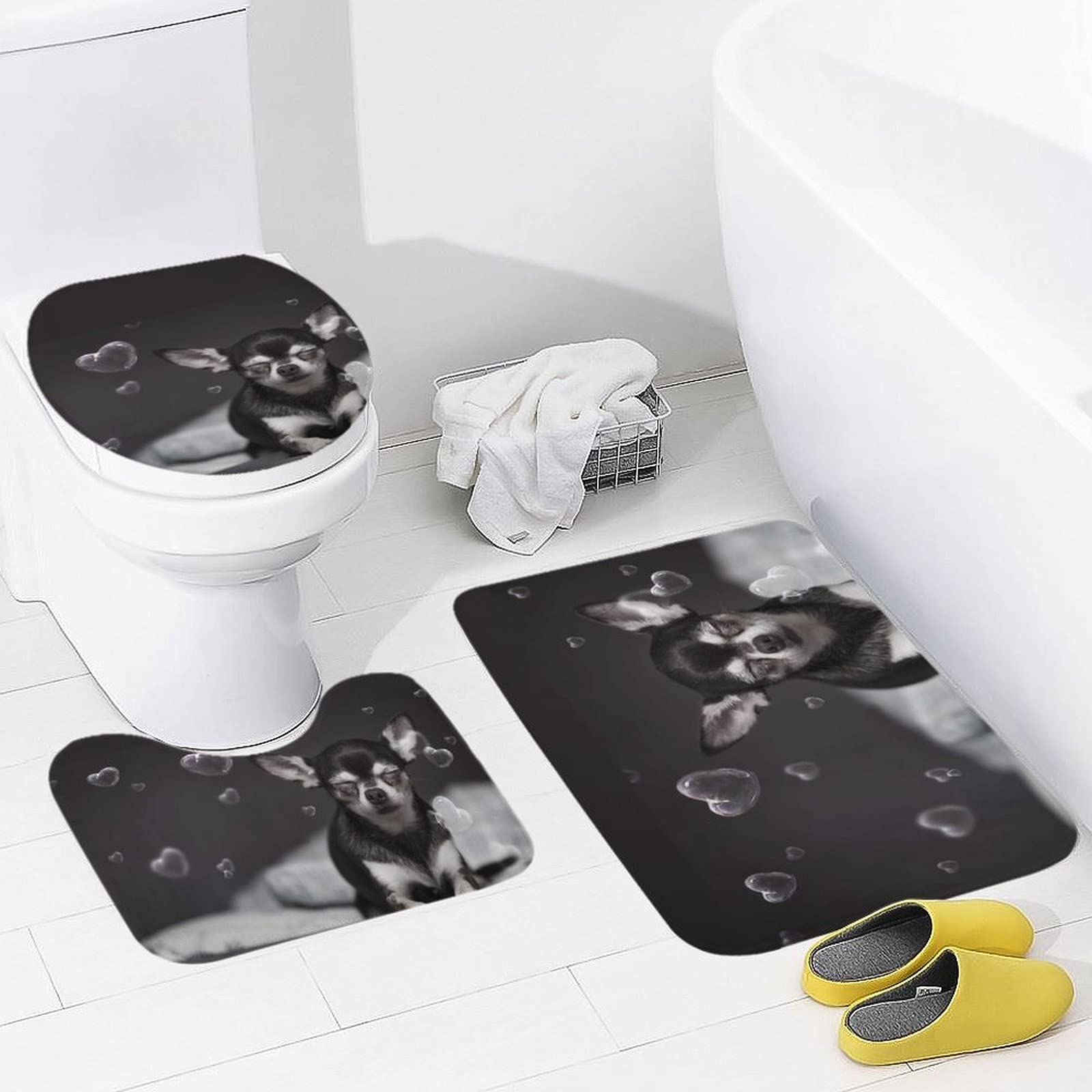 Non-Slip Chihuahua with Hearts Coral Velvet Bathroom Rug Set - 3 Piece U-Shaped Toilet Mat, Lid Cover & Floor Mat for Pet Lovers - Cozy Bathroom Decor for Small Spaces
