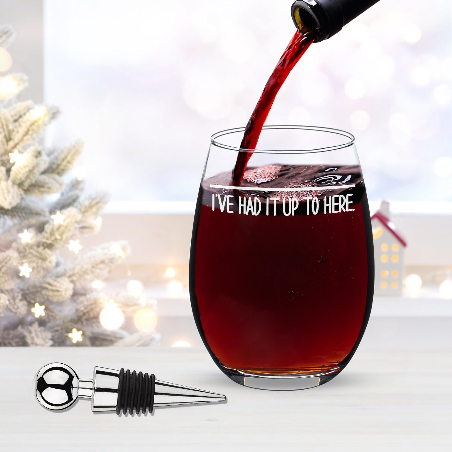 Funny White Elephant Gifts for Women & Men - 16oz 'I've Had It Up To Here' Stemless Wine Glass - Hilarious Gag Gifts for Birthday, Christmas & Parties - Perfect for Dad, Mom & Coworkers