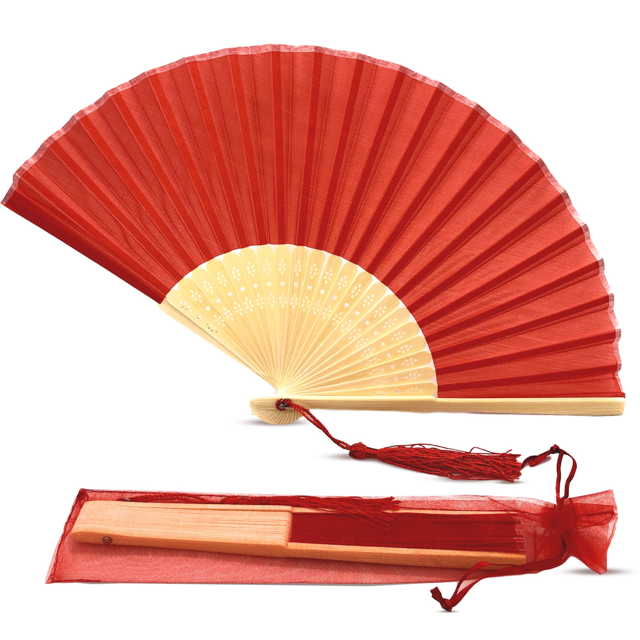 10 Pack Handheld Fabric Fans with Tassel - Premium Bamboo Ribs for Wedding, Party Favors, Outdoor Events & Summer Cooling - Elegant Red Design