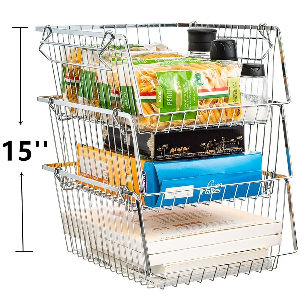 14'' Stackable Large Metal Wire Storage Baskets - Refrigerator Organizer Bins for Kitchen, Pantry, Closet & Bathroom Cabinet Organization | Durable Space-Saving Solution for Fruits, Vegetables & Household Items