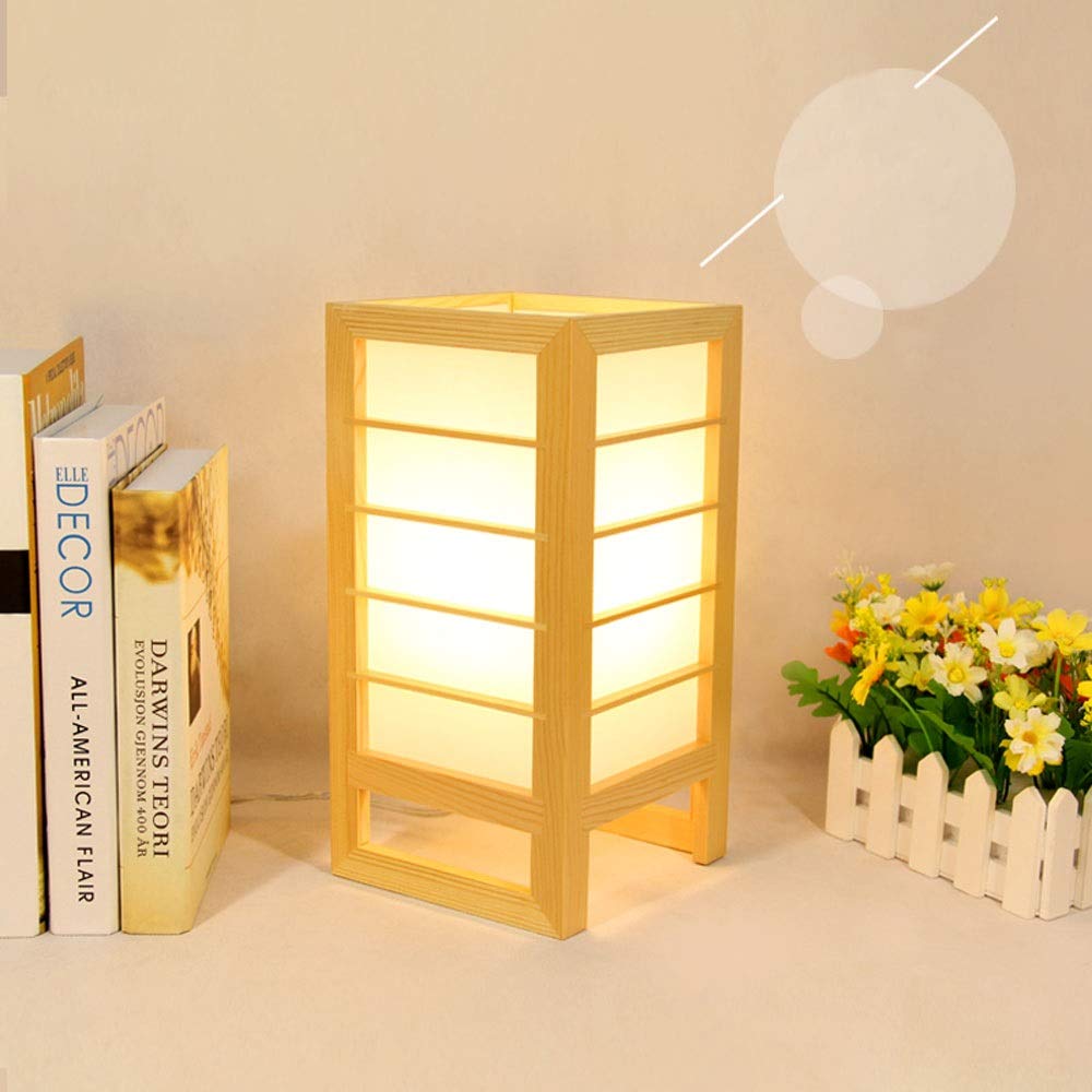 Modern Pine Wood Table Lamp - Simple Creative Wooden Bedside Lamp with Warm LED Bulb for Bedroom, Living Room & Tatami Decor - Natural Wood Frame Lighting
