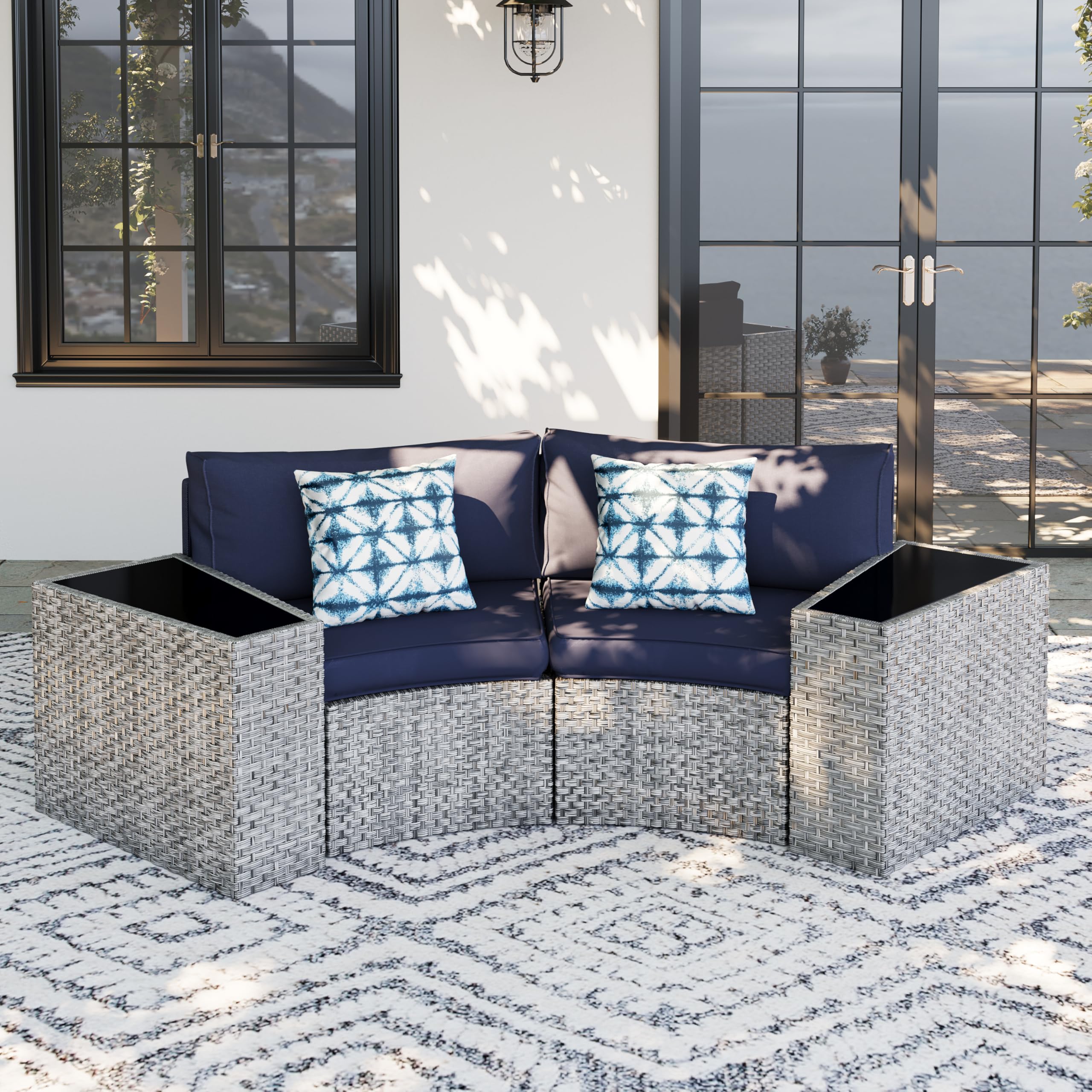 **UDPATIO 4-Piece Fully Assembled Outdoor Sectional Sofa Set - Heavy Duty Wicker Half-Moon Curved Modular Patio Furniture for Porch, Backyard, Garden & Poolside (Blue) - Perfect for Relaxing, Entertaining & Outdoor Gatherings**