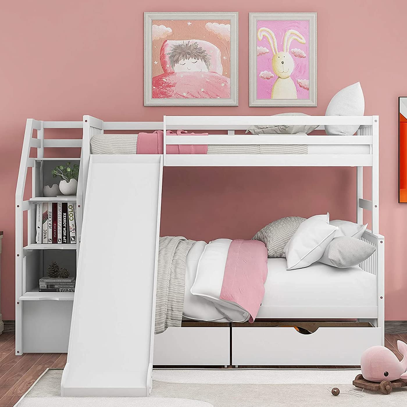 Harper & Bright Designs Twin Over Full Bunk Bed with Slide, Storage Drawers & Wood Frame for Kids & Teens - No Box Spring Needed, White - Perfect for Small Bedrooms, Shared Kids' Rooms & Space-Saving Sleep Solutions