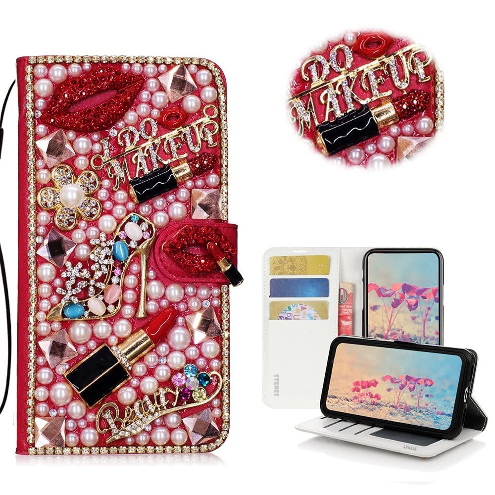 STENES Bling Wallet Phone Case for iPhone 13 Pro Max 6.7 inch (2021) - 3D Handmade Floral Design with Magnetic Stand, Luxury Leather Cover for Women (Red) - Perfect for Parties, Dating & Everyday Use