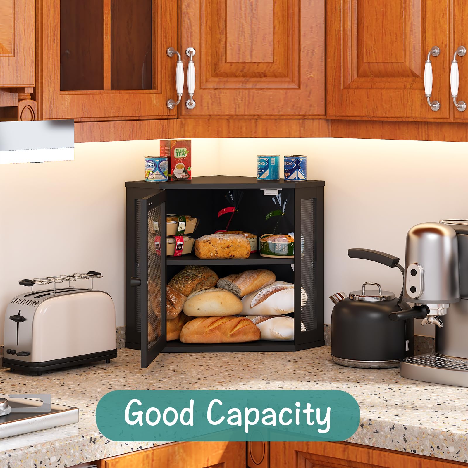 Bamboo Bread Box for Kitchen Counter - Large Capacity Bread Storage Bin with Acrylic Wavy Door Panel - Black Medium Size | Perfect for Organizing Bread, Pastries & Baked Goods on Countertops