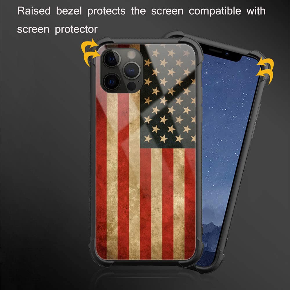 **Vintage Grunge American Flag iPhone 13 Pro Max Case – Shockproof Silicone TPU & Tempered Glass Back Protective Cover | Durable & Stylish for Daily Use, Travel, and Outdoor Activities**