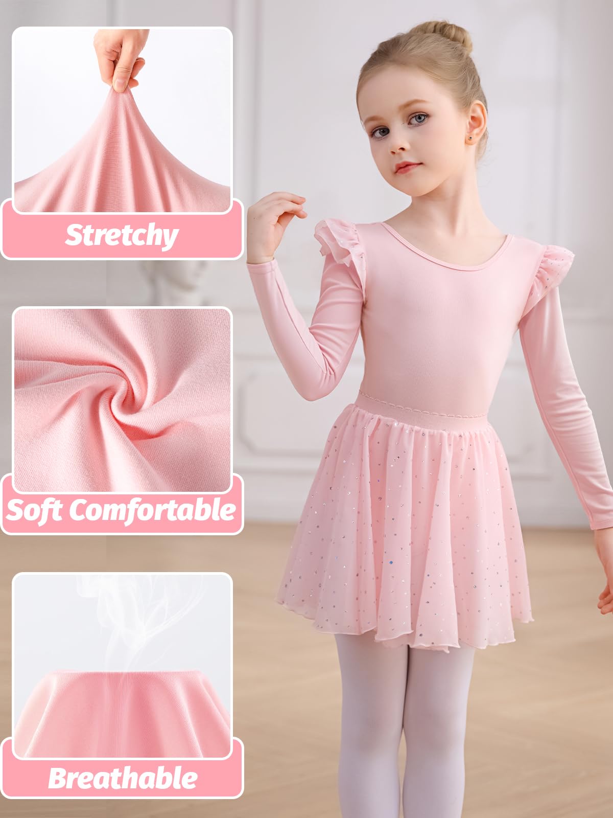 Comfyouth Girls Ballet Dance Leotard with Detachable Skirt - Toddler Long Sleeve Shiny Ballet Outfit for Dance Class, Recital & Performance