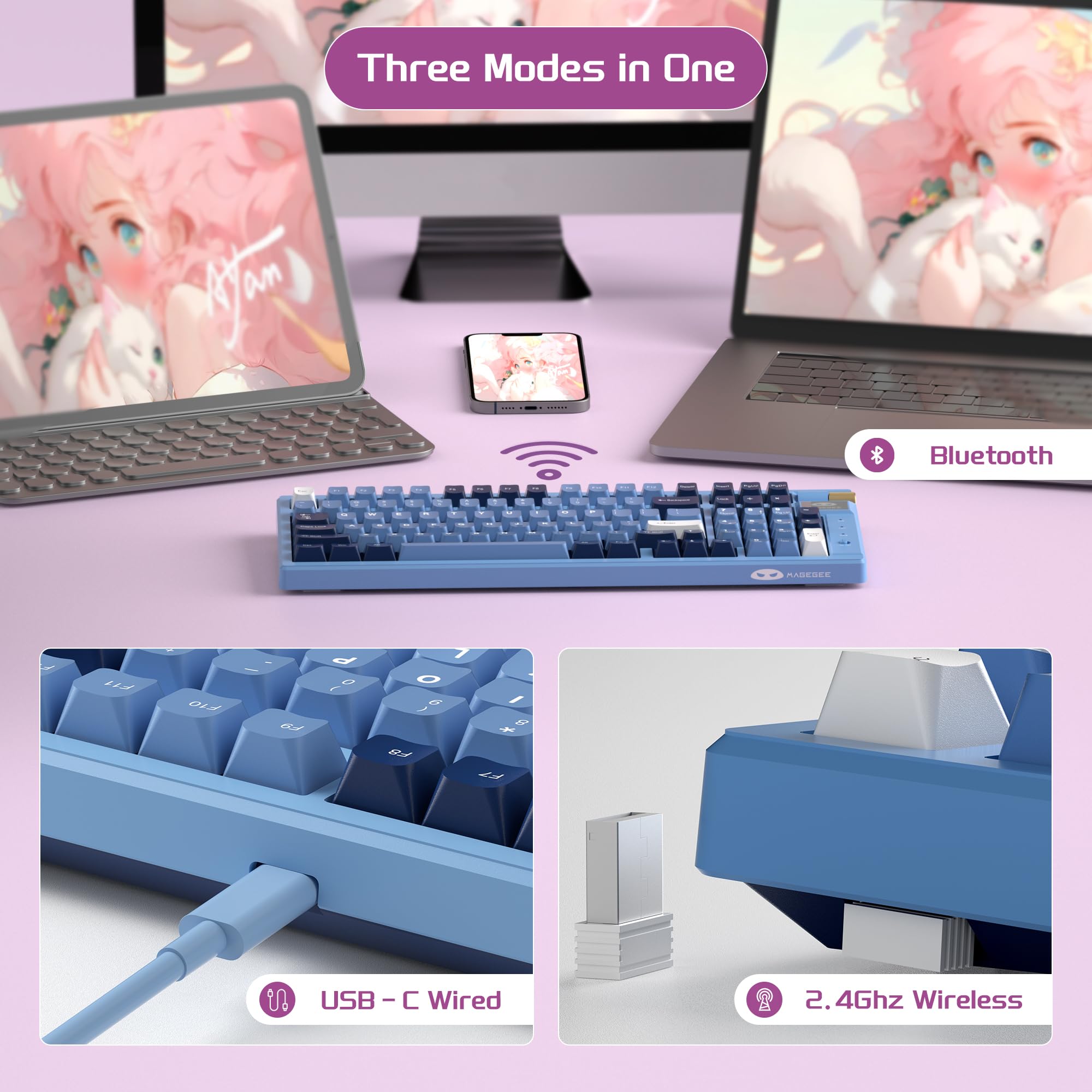MageGee Wireless Mechanical Keyboard - Tri-Mode RGB Gaming Keyboard for PC & Office Use