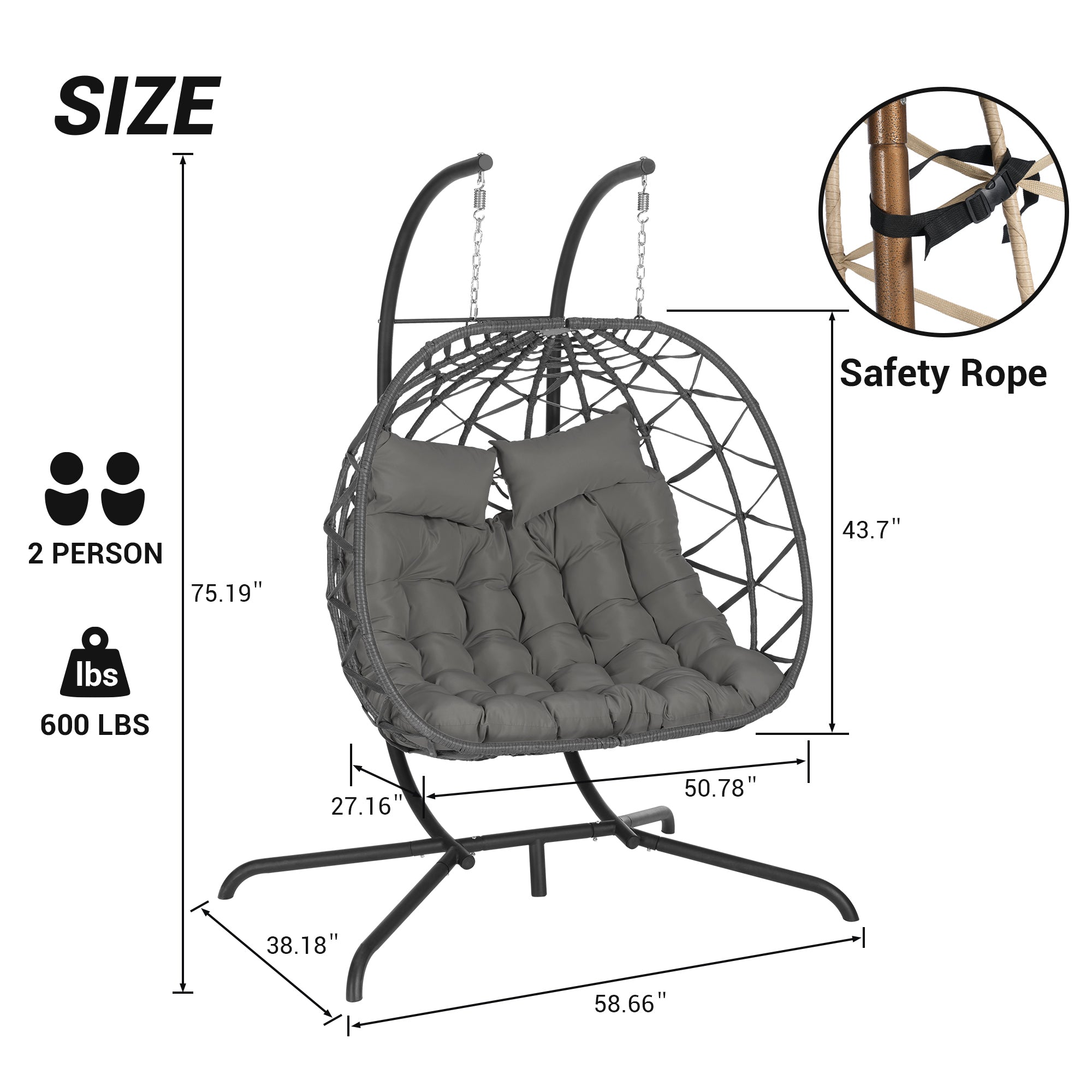 Double Egg Chair with Stand - Hanging Indoor/Outdoor Wicker Rattan Swing Chair with UV-Resistant Cushions (600 lbs Capacity) - Perfect for Bedroom, Balcony, Patio & Garden Relaxation