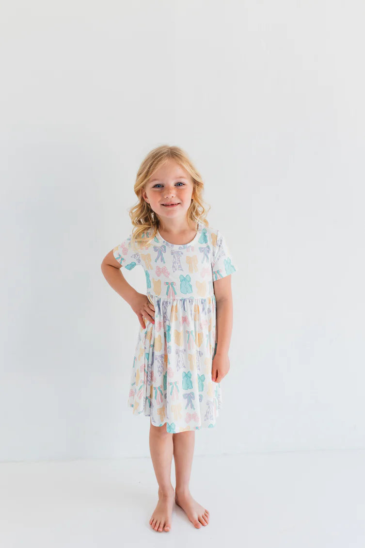 Pastel Bows Short Sleeve Twirl Dress for Girls - Floral Print Summer Party Outfit | Perfect for Birthday, Easter, Photoshoot & Special Occasions