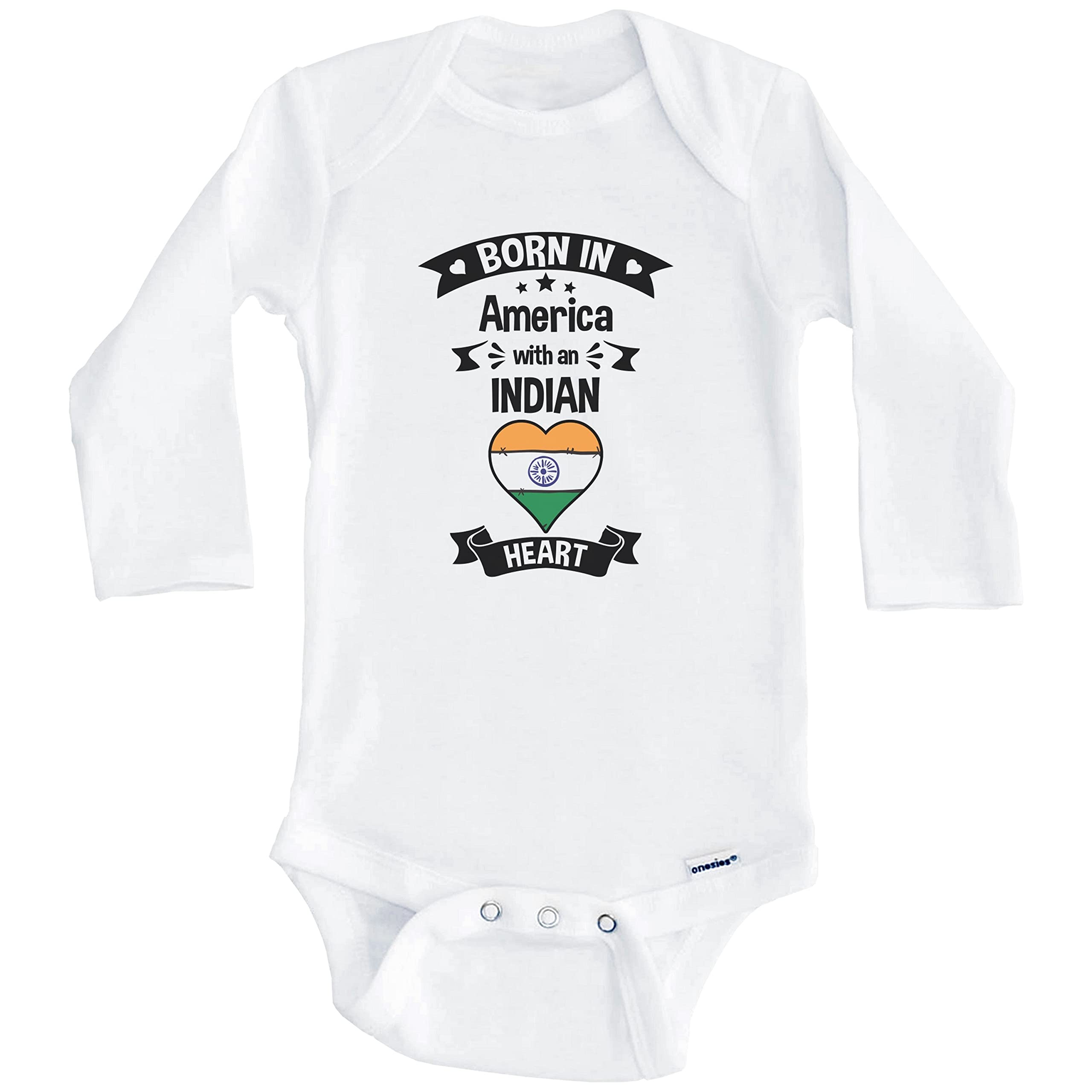 Born in America with an Indian Heart One Piece Baby Bodysuit - Soft Long Sleeve Organic Cotton Infant Romper for Newborns & Toddlers - Perfect for Family Photos, Cultural Celebrations & Everyday Wear