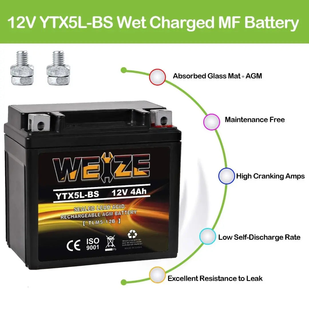 WEIZE YTX5L-BS 12V 4Ah AGM Sealed Motorcycle Battery - Maintenance Free, High Performance, Compatible with Honda, YUASA, Yamaha ETX5L-BS Batteries - Perfect for ATVs, Scooters, and Powersports Vehicles