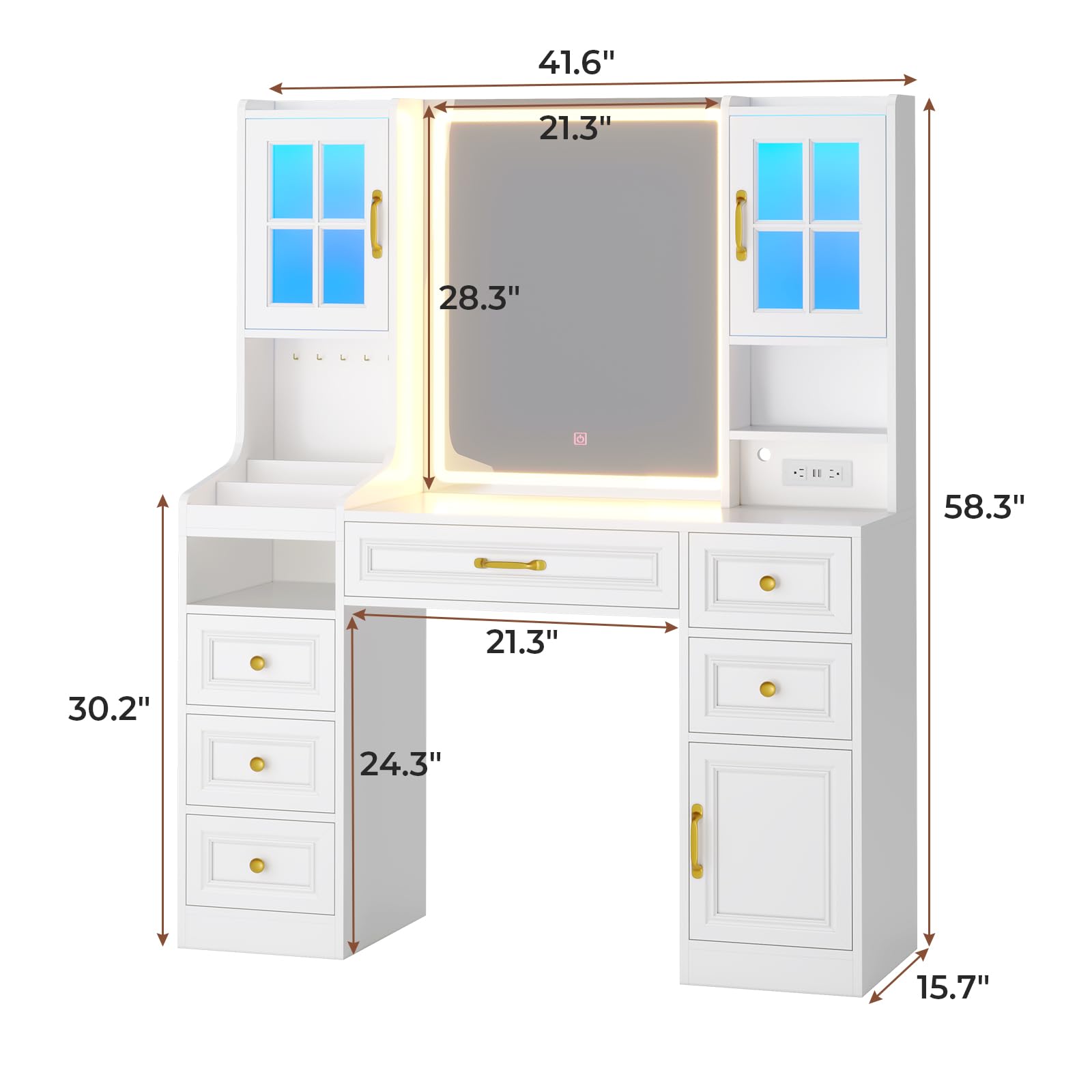 Vanity Desk with Mirror and Lights - Large Makeup Vanity with 6 Drawers, 7 Shelves, 2 RGB Cabinets & Power Outlet | 3 Light Modes, Touch Screen Mirror | Perfect for Women's Bedroom, Dressing Room & Home Decor (White)