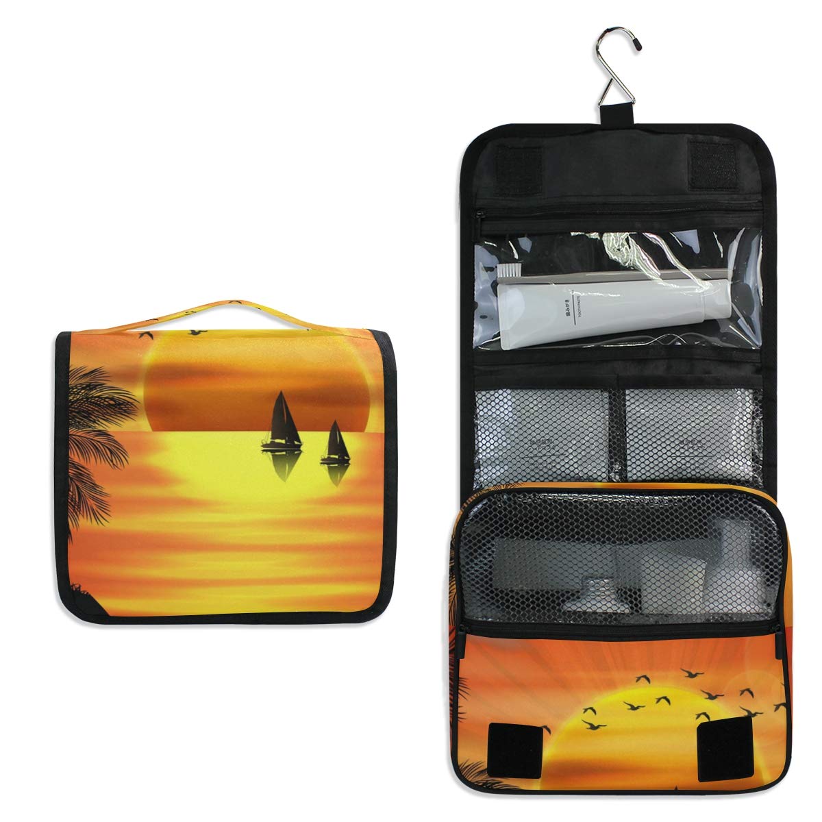 DOMIKING Waterproof Hanging Travel Toiletry Bag - Portable Cosmetic Makeup Organizer for Women & Men, Perfect for Business Trips, Camping, Beach Vacations & Daily Use | Sunrise Sea Boat Design
