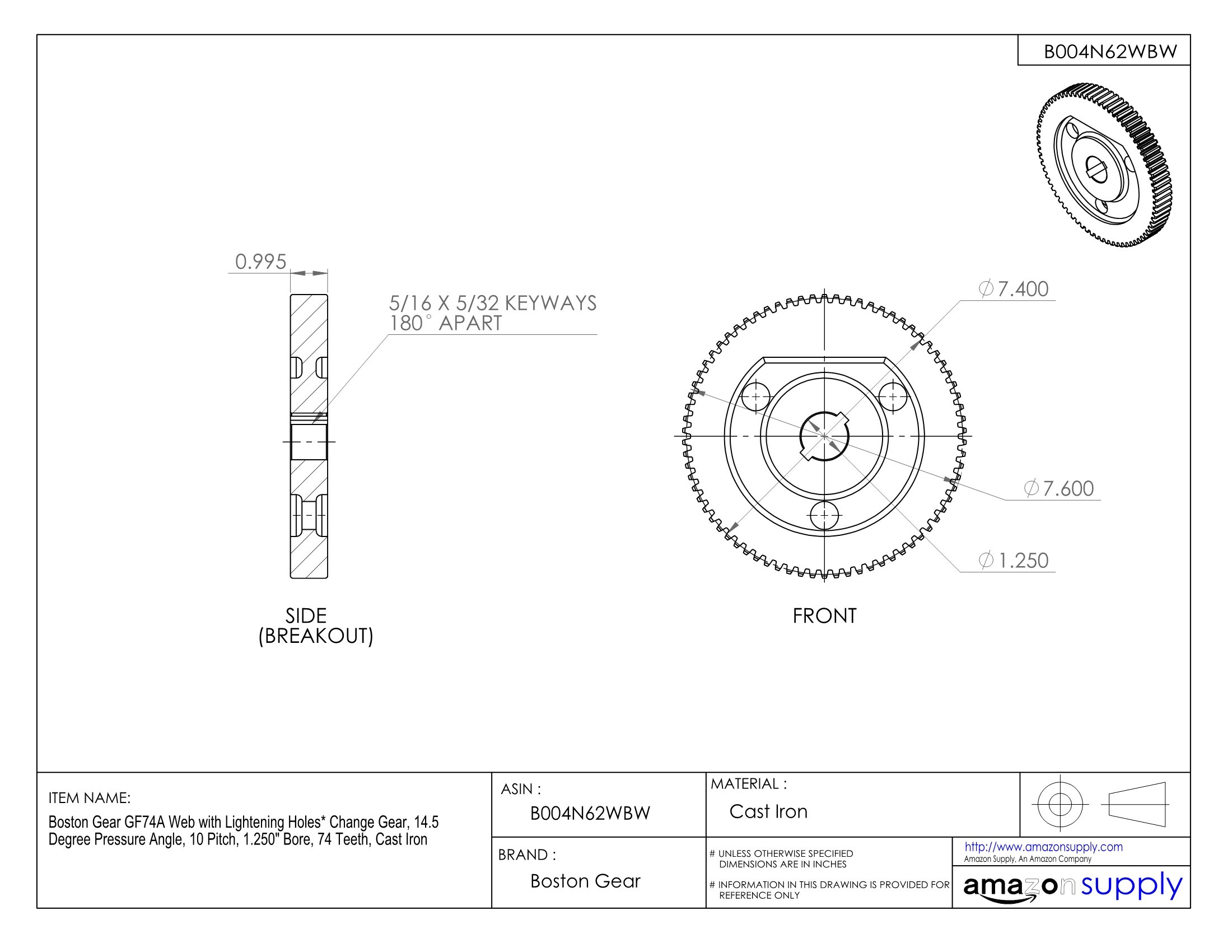 GF74A Lightening Hole Web Change Gear - 14.5° Pressure Angle, 10 Pitch, 1.25