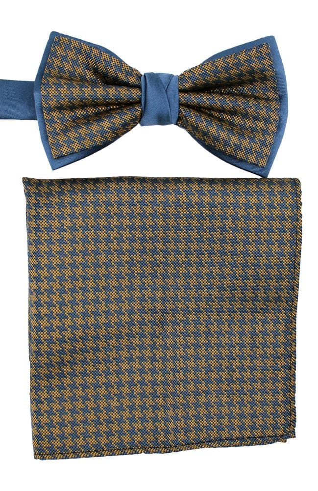 L.A. Smith Poly Blue Dogtooth Bow Tie and Pocket Square Set - Perfect for Weddings, Prom & Formal Events