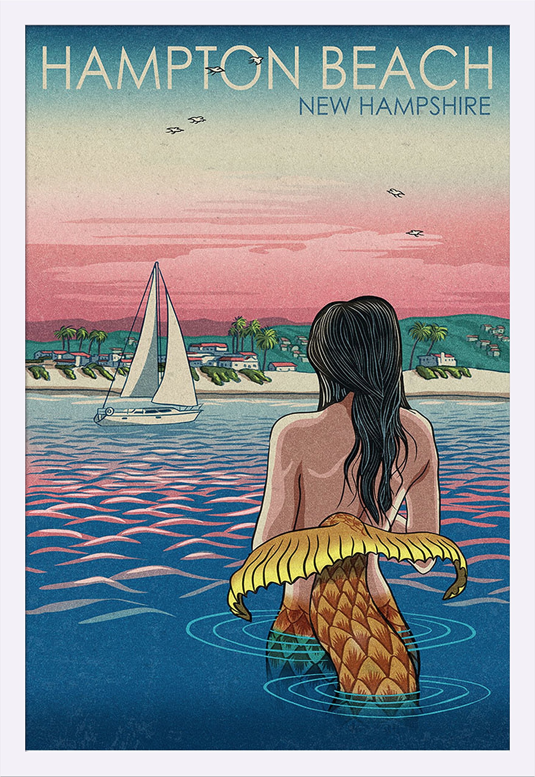 Hampton Beach New Hampshire Mermaid and Beach 87027 - 24x36 Giclee Art Print, Gallery Framed in White Wood - Perfect for Coastal Decor, Beach House Wall Art, and Nautical Themed Living Rooms