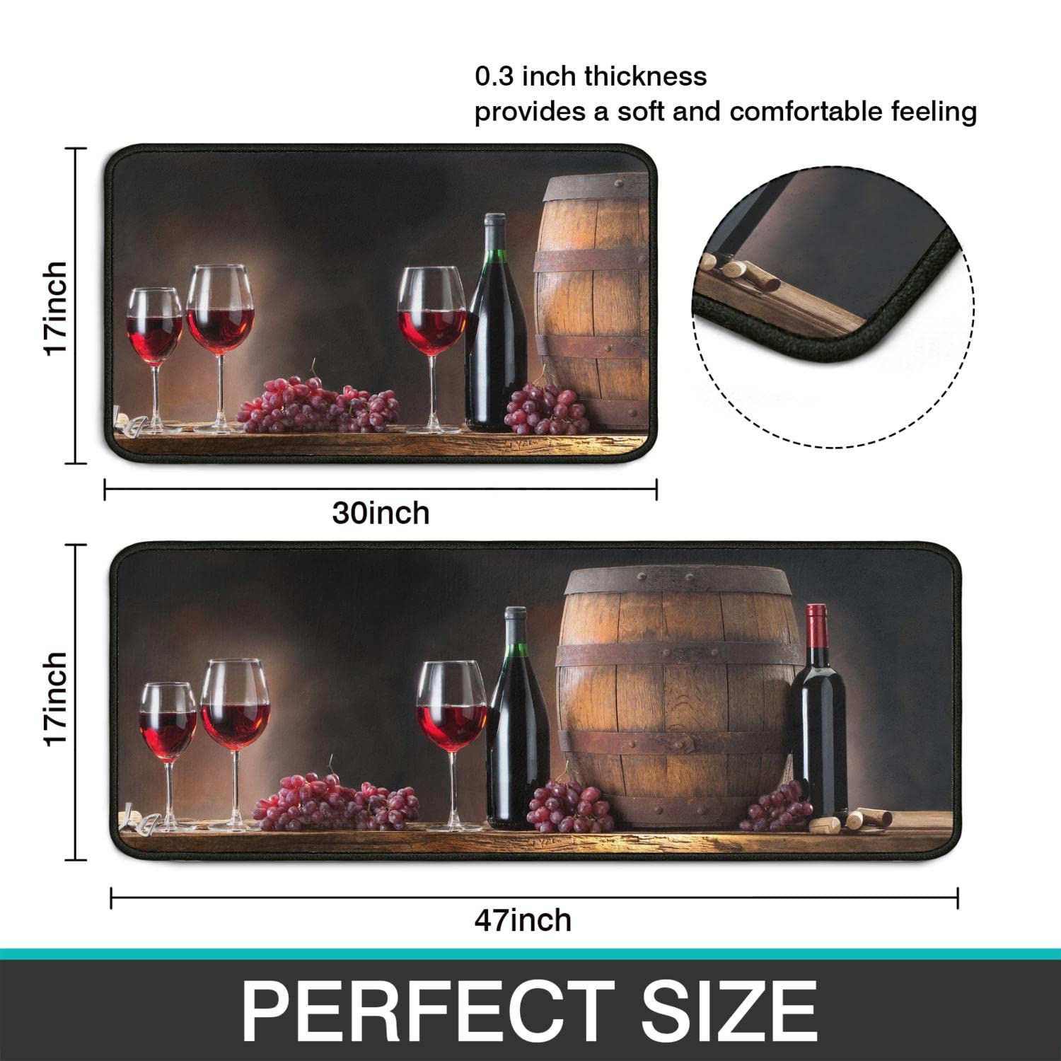 2-Piece Non-Slip Wine Kitchen Rug Set - Absorbent Microfiber 3D Wine Glass Design Washable Floor Mats (17