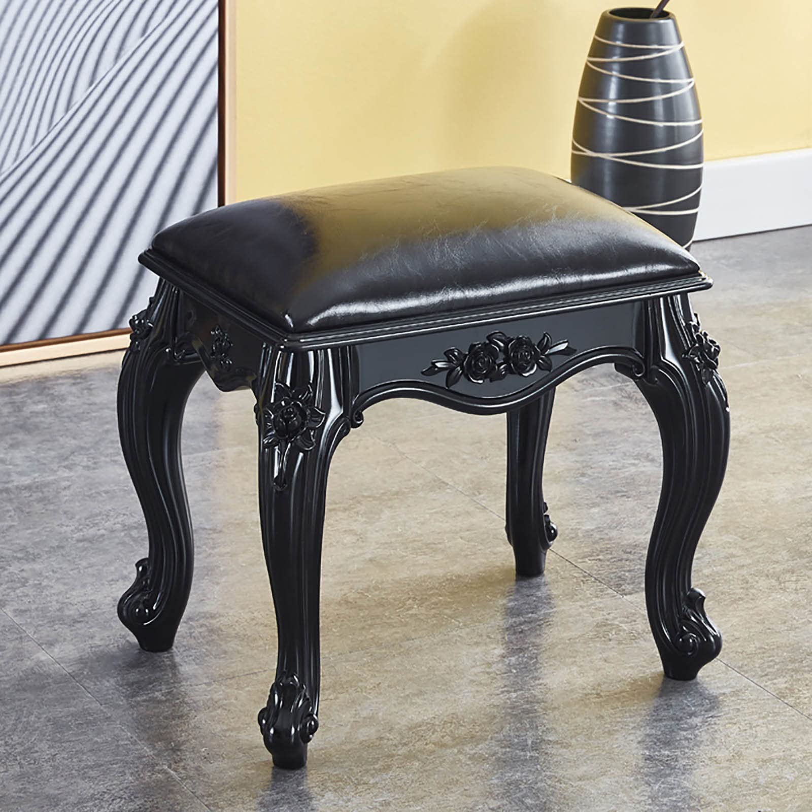 CMJM Rectangle Makeup Vanity Stool with PU Cushion & ABS Plastic Steel Legs - 300lb Weight Capacity, Durable & Comfortable Footrest Ottoman for Bedroom, Dressing Room, Salon, Spa (Black)