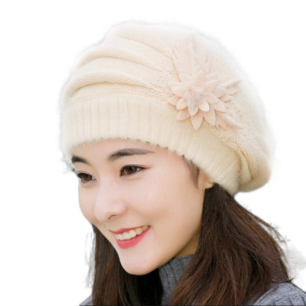 MEIBAN Fashion Women's Floral Knit Crochet Hat - Winter Warm Beret Cap for Women - Perfect for Cold Weather, Outdoor Activities & Stylish Winter Outfits