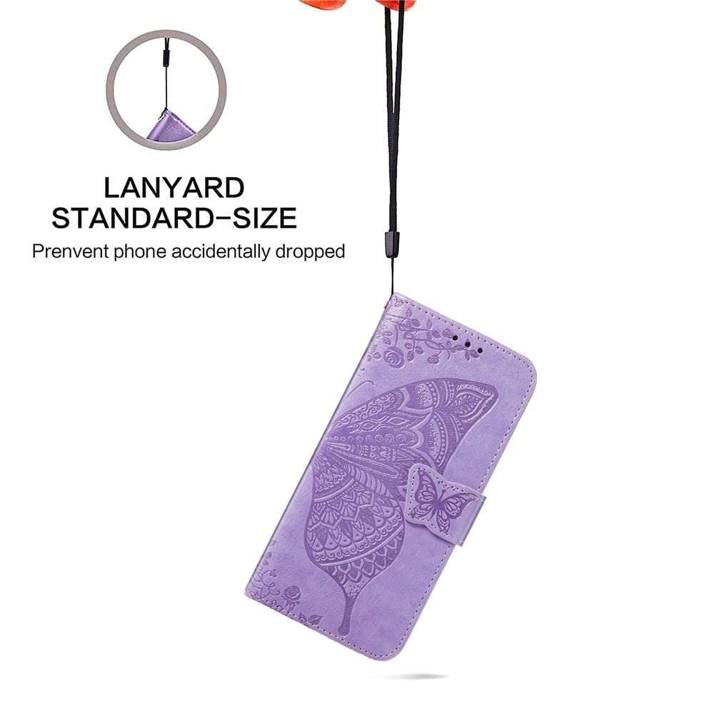 Motorola Moto G Pure Wallet Case - Leather Flip Cover with Card Holder & Kickstand, Shockproof Butterfly Embossed Design in Lavender for Women | Perfect for Daily Use, Travel & Business Meetings