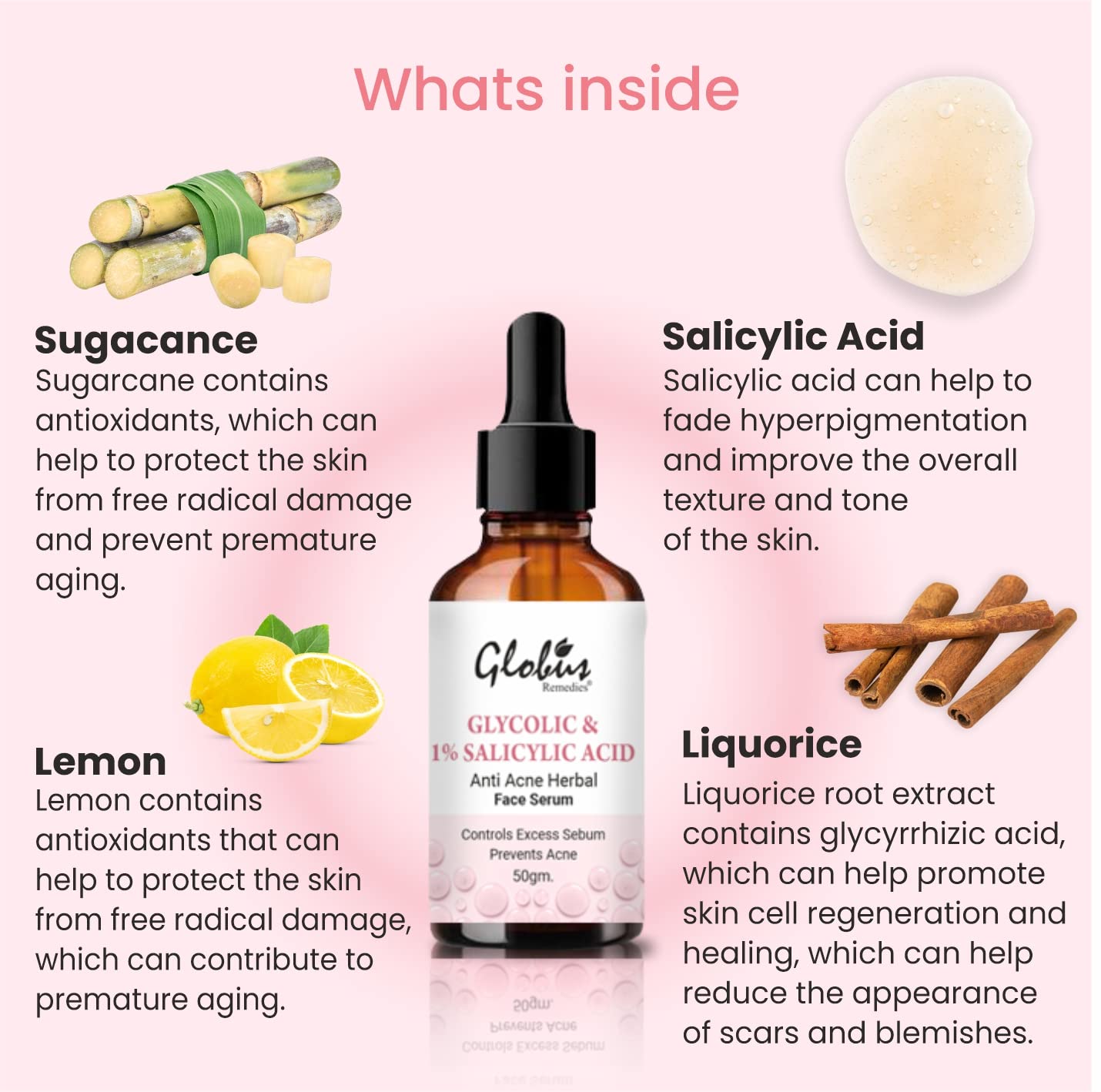 Globus Remedies Glycolic & 1% Salicylic Acid Anti Acne Face Serum for Oily & Acne Prone Skin - 50ml | Exfoliating & Pore Minimizing Treatment | Perfect for Daily Skincare Routine & Blemish Control