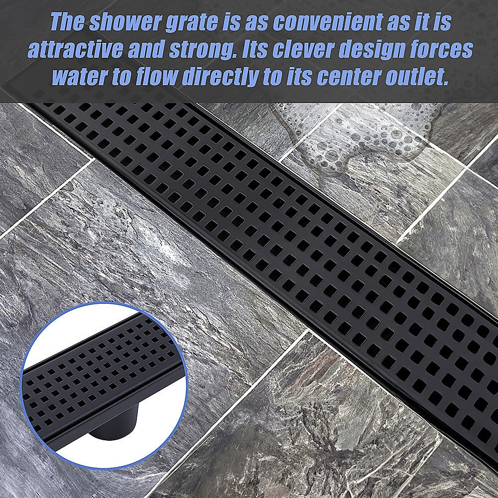 1000mm Black Square Pattern Bathroom Shower Drain Grate with Center Outlet - Floor Waste Drain for Modern Bathrooms & Wet Rooms