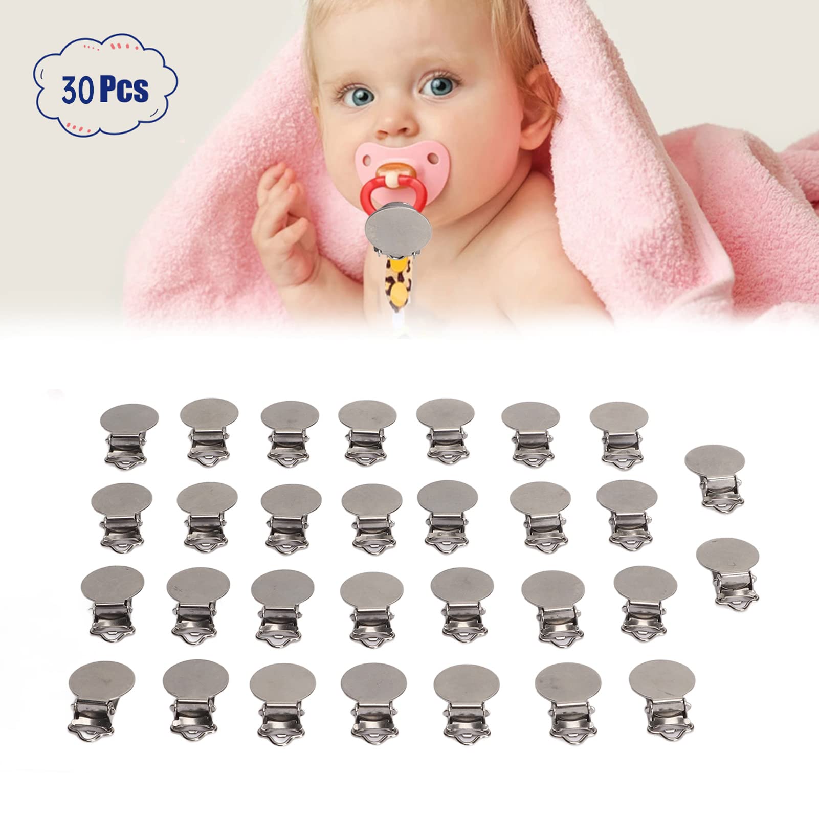 30Pcs Metal Round Pacifier Clips with Charms - DIY Baby Pacifier Holder for Girls & Women - Secure Pacifier to Clothing for On-the-Go Convenience - Perfect for Travel, Shopping & Daily Use