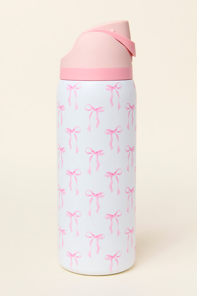 32oz Pink Bow Water Bottle with Straw - Insulated Stainless Steel Tumbler for Women, Girls | Leakproof, BPA-Free | Perfect for Gym, Hiking, Travel & School