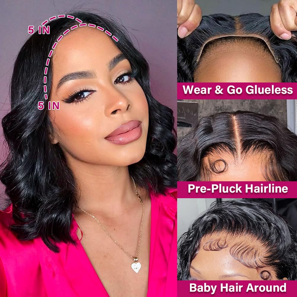 BOB Wig Human Hair 5X5 HD Lace Closure Wig - 200% Density Body Wave Glueless Wigs for Black Women | Pre-Plucked 14 Inch Wear & Go Bob Wig | Perfect for Daily Wear, Parties & Special Occasions