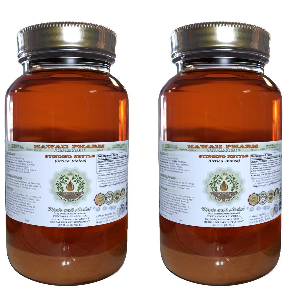 Organic Stinging Nettle Alcohol-Free Liquid Extract (Urtica Dioica) - Natural Herbal Supplement, Dried Leaf Glycerite - 2x32 fl.oz by Hawaii Pharm, USA - Supports Immune Health & Allergy Relief for Daily Wellness