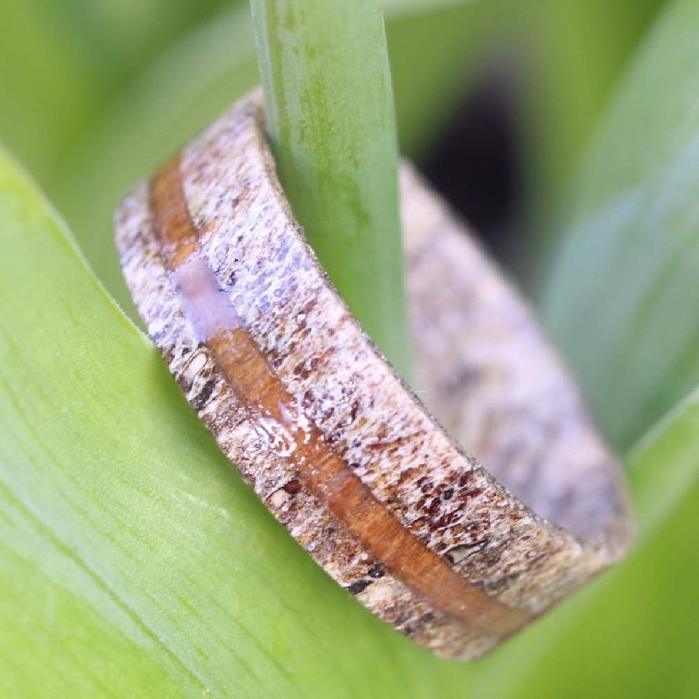 Pure Deer Antler Ring for Men & Women - Handcrafted Brown & Grey Deer Antler Wedding Band with Koa Wood Inlay - Unique Wooden Rings for Outdoor Enthusiasts & Nature Lovers - Perfect for Camping, Hiking & Rustic Weddings