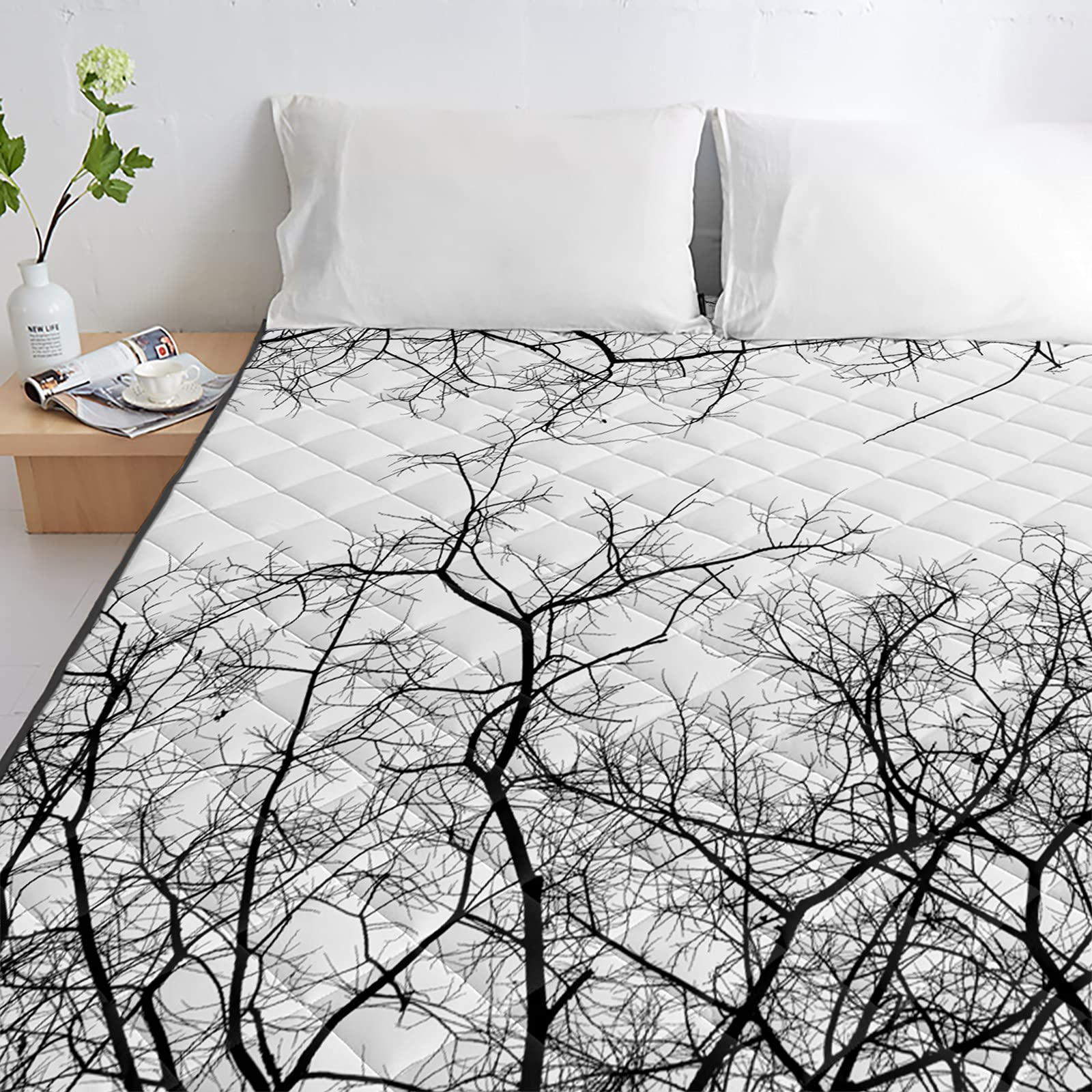 California King Size Reversible Quilt Set - Soft All-Season Bedspread Coverlet for Adults & Kids | Winter Tree Branches Black White Design | Lightweight Duvet & Throw Blanket for Bed, Couch, Sofa (Home Decor, Guest Room, Cozy Nights)