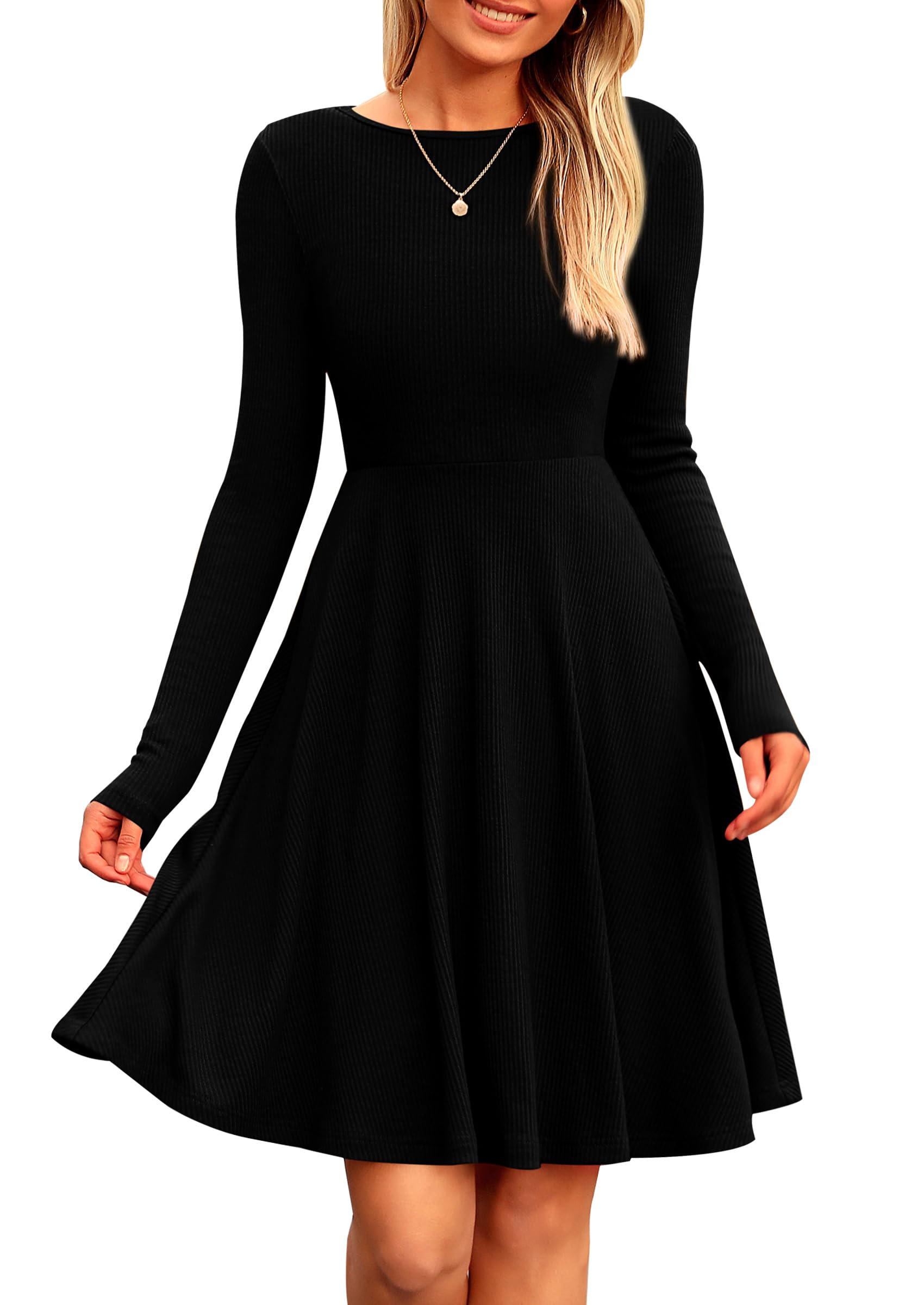 PRETTYGARDEN Women's Ribbed Knit Dress - Long Sleeve Crewneck A-Line Flowy Casual Dress for Spring & Fall | Perfect for Office Wear, Date Nights & Weekend Outings