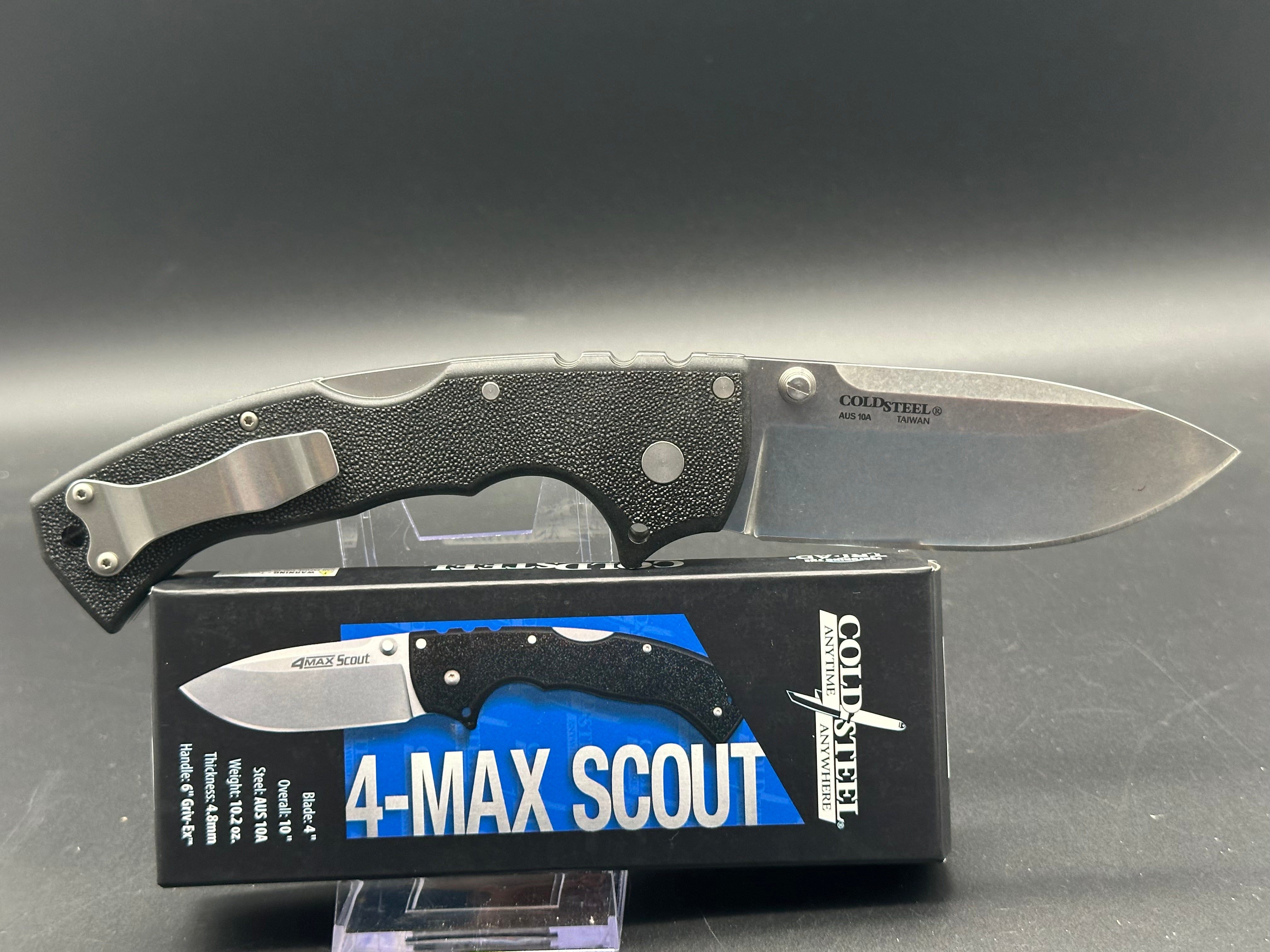Cold Steel 4 Max Scout Tri-Ad Lock Folding Knife - Black Griv-Ex Handle, Stonewashed Blade - Outdoor Survival, Camping, Hunting, EDC Gear