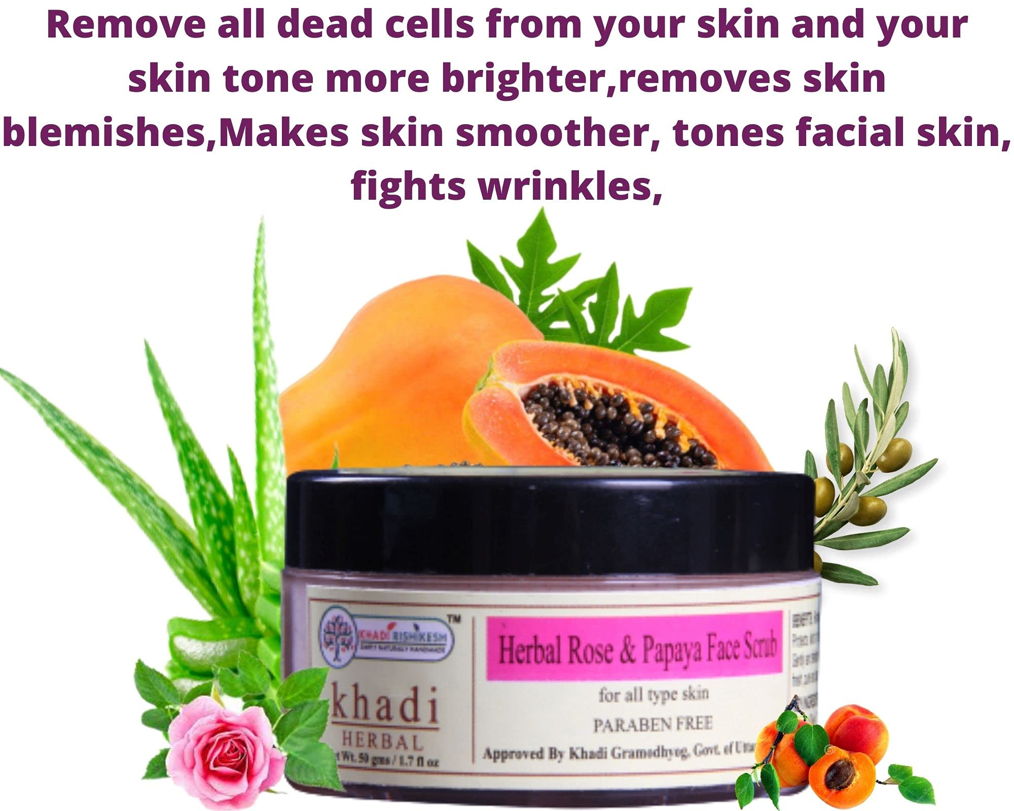 Khadi Rishikesh Herbal Rose Papaya Facial Scrub - Natural Exfoliator for Unclogging Pores, Removing Dead Skin Cells, Tightening & Brightening Skin | Paraben-Free Daily Face Scrub for Men & Women (50g) with Free Keychain | Perfect for Morning & Night Skincare Routine