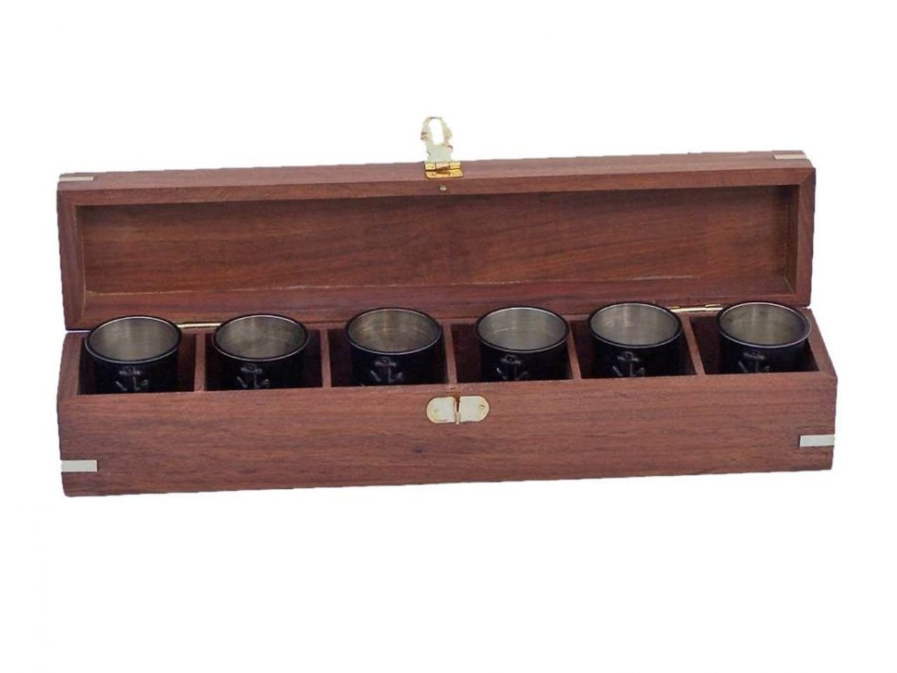 Hampton Nautical Oil Rubbed Bronze Anchor Shot Glasses Set of 6 - Rosewood Accent Barware for Nautical Theme Parties, Beach Weddings & Home Decor