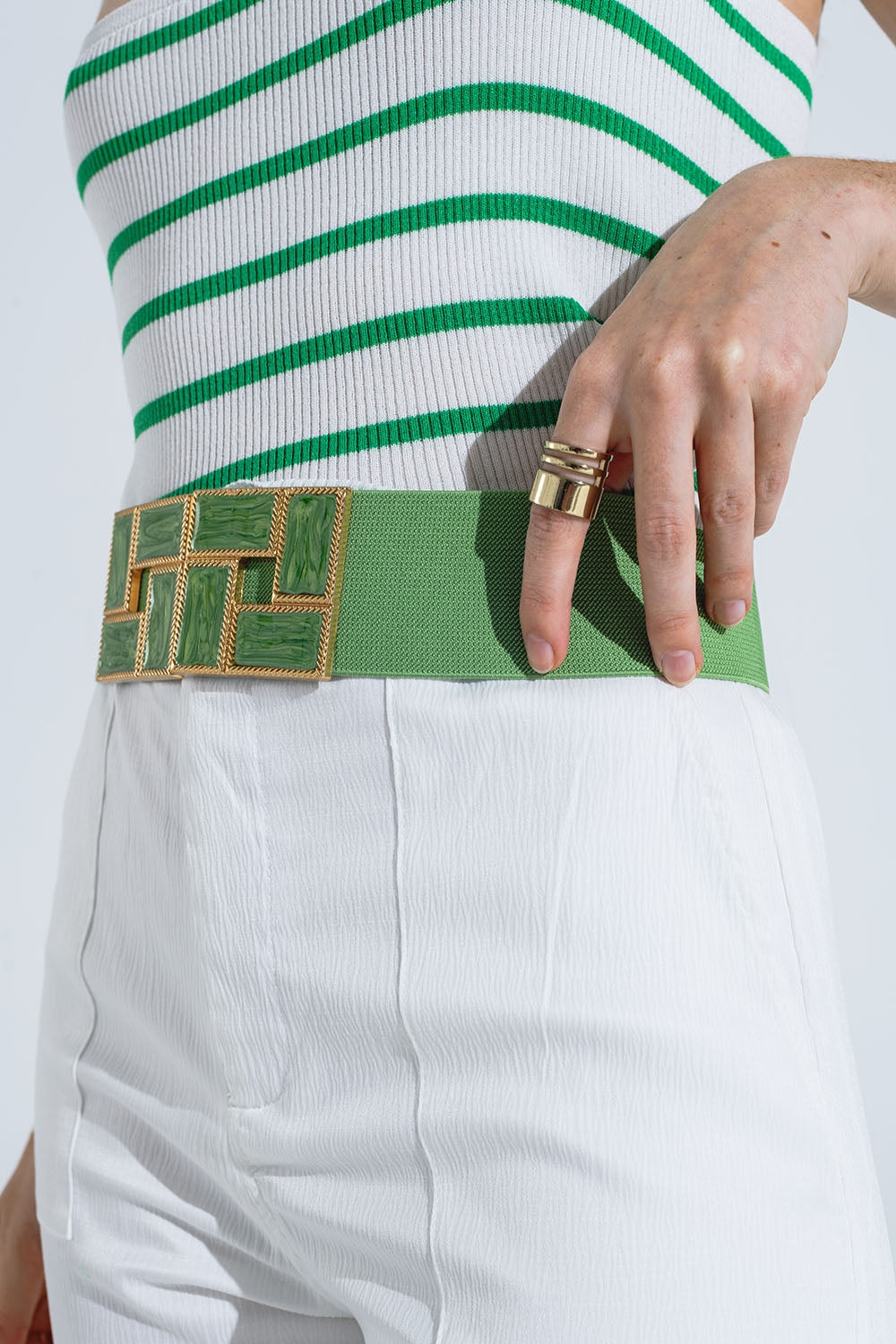 Elastic Green Belt with Square Buckles - Stylish & Adjustable Waistband for Women's Fashion, Casual & Office Wear