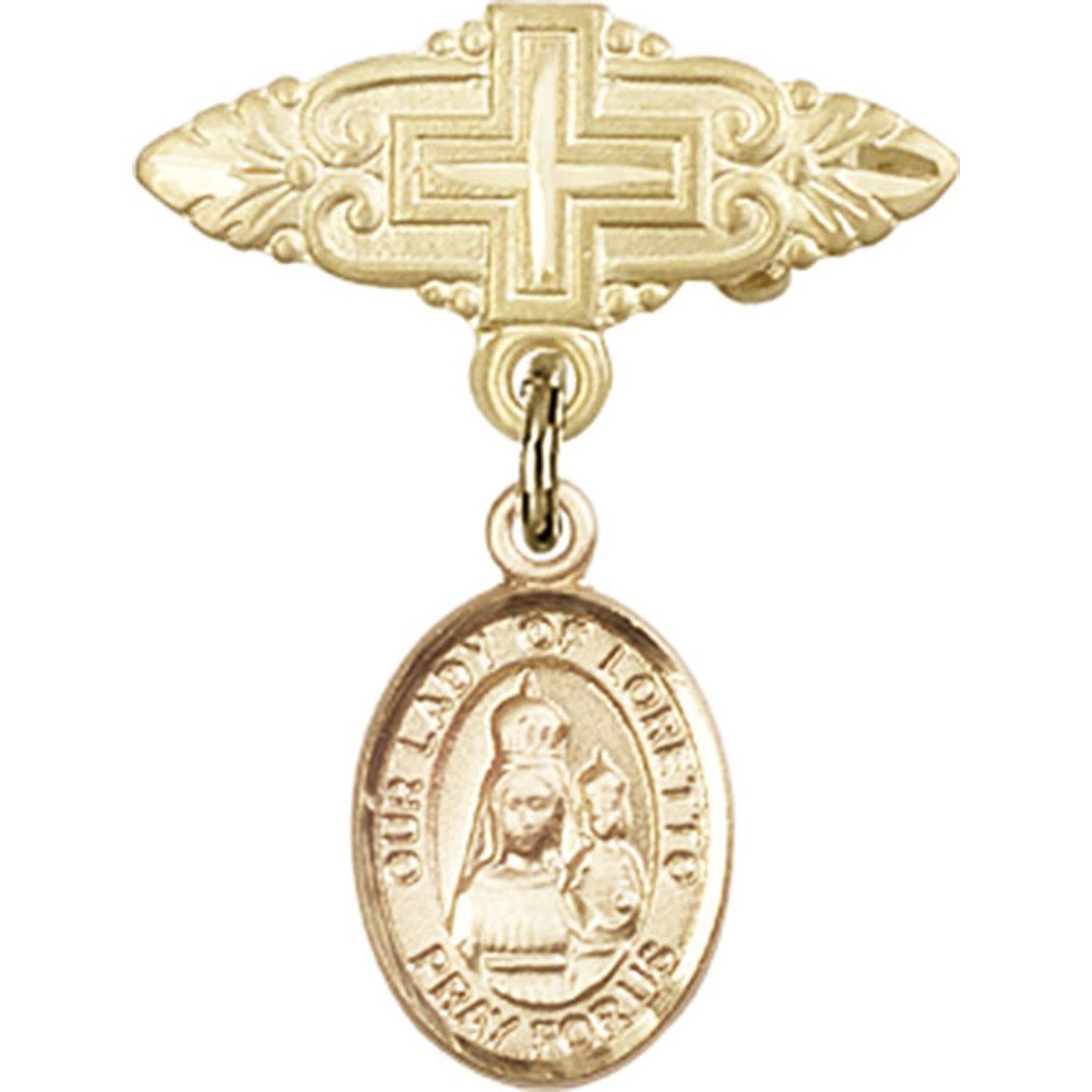 Bonyak Jewelry Gold Filled Saint Medal - Our Lady of Loretto Charm with Cross Badge Pin (1