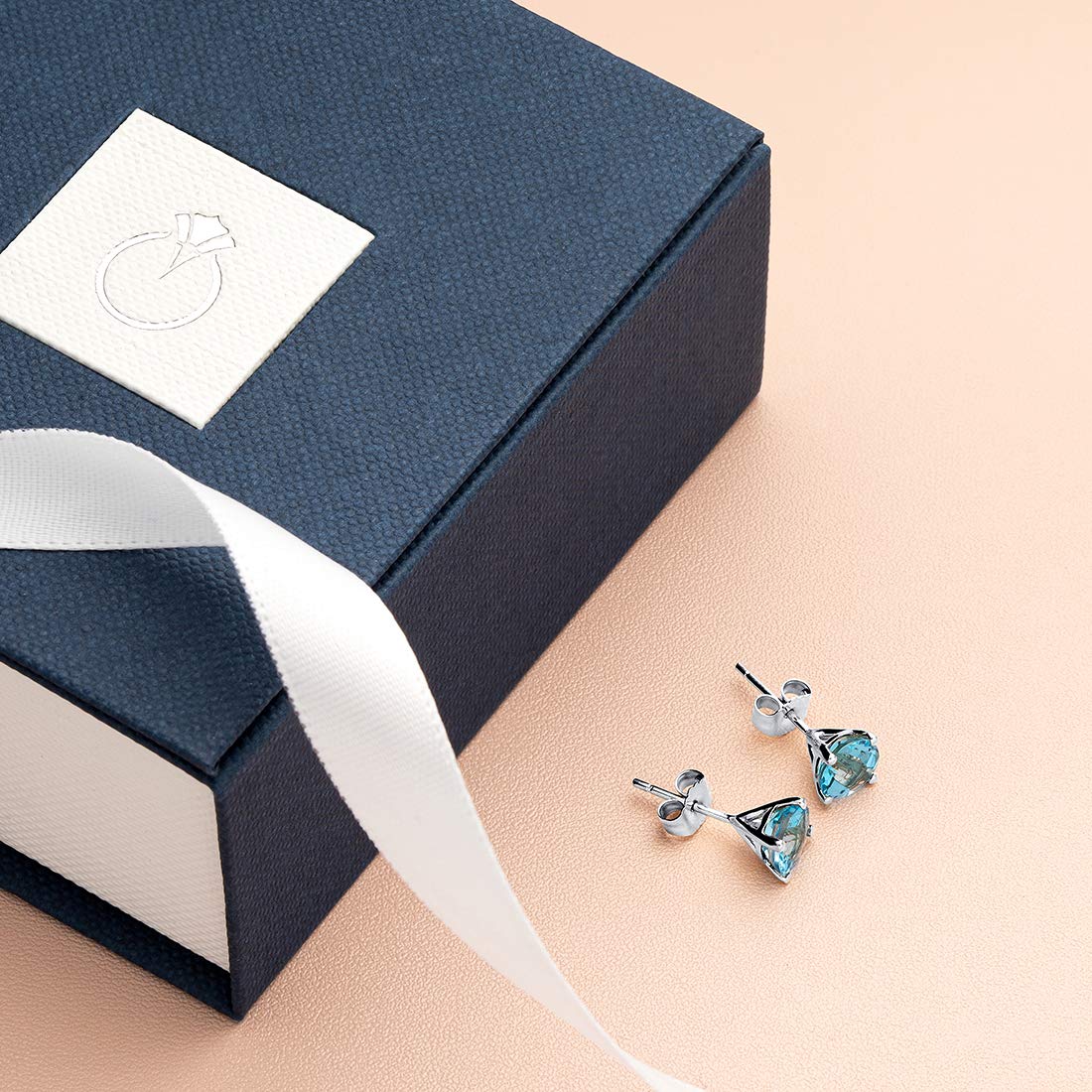 14K White Gold Swiss Blue Topaz Stud Earrings for Women - Genuine 6mm Round Solitaire Gemstone (2 Carats Total) with Secure Friction Back - December Birthstone Jewelry - Perfect for Gifts, Anniversaries & Special Occasions