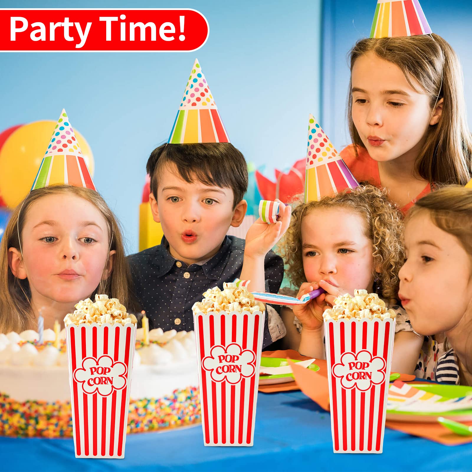 RAYMEA 46 Oz Disposable Popcorn Containers - 28 Pack Red & White Striped Cardboard Popcorn Boxes for Movie Theater, Birthday Parties, and Carnival Events - Bulk Popcorn Holders for Snacks, Concessions, and Home Movie Nights