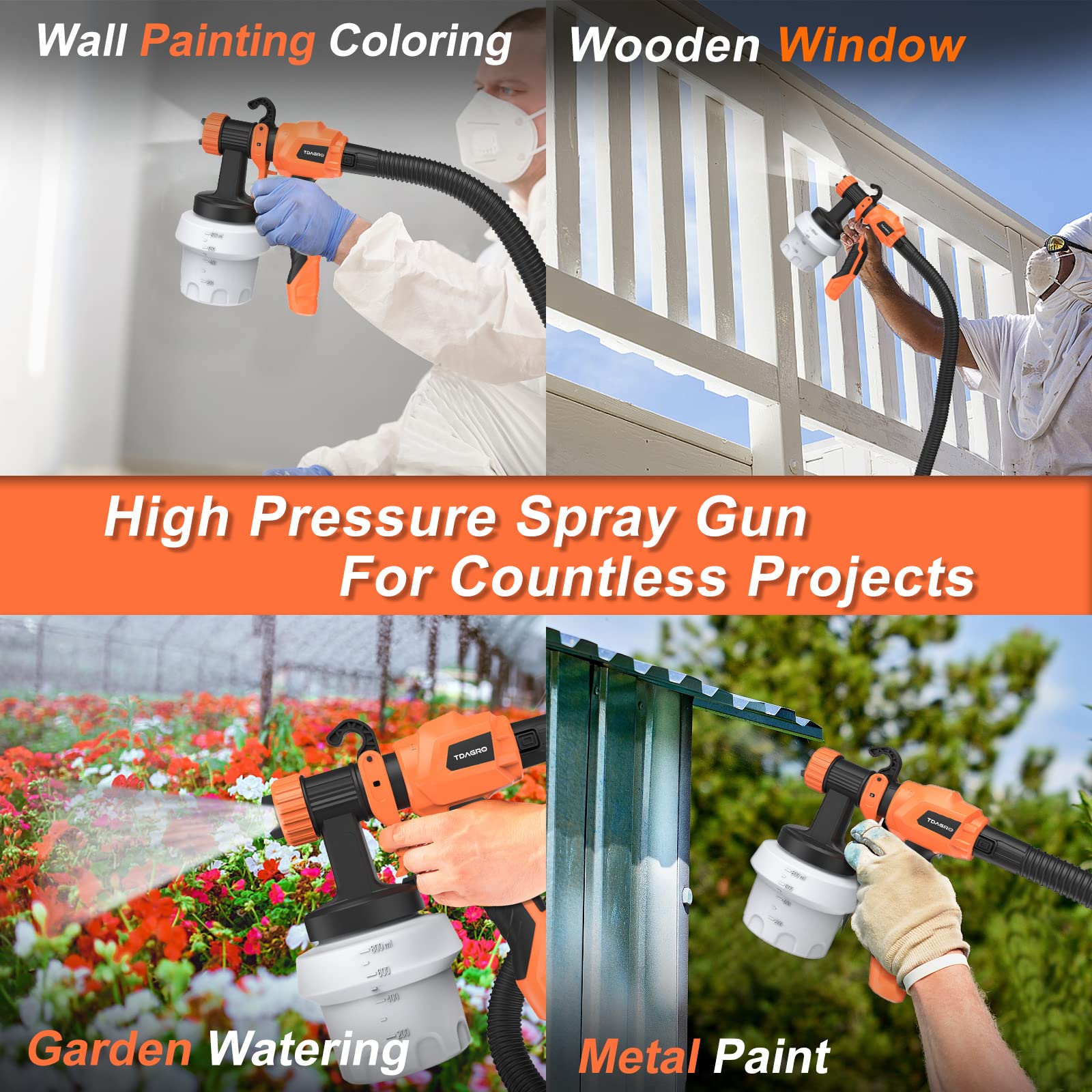 800W HVLP Paint Spray Gun with 6.5ft Air Hose & 4 Nozzles - High Efficiency Air Compressor for Fine Finishing - 3 Spray Patterns for House, Cabinets, Fence, Walls & Ceiling - Perfect for DIY Home Projects & Professional Painting