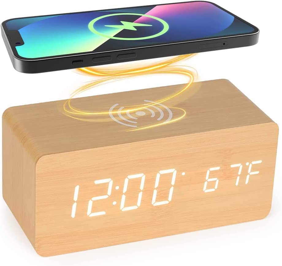 Wireless Charging Alarm Clock with Dimmable LED Display - Dual Alarm, USB Charger, Non-Ticking, Mains Powered - Perfect for Bedroom, Office, and Travel Use