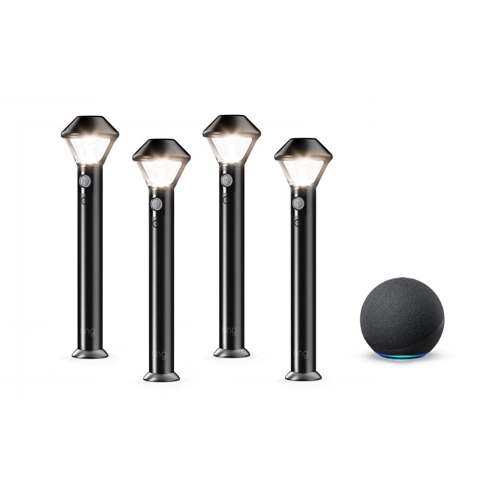 Ring Solar Pathlights 4-Pack with Echo (4th Gen) - Weatherproof Outdoor Landscape Lighting for Garden, Walkway, Driveway & Patio - Smart Home Compatible, Energy Efficient LED Solar Lights (Charcoal)