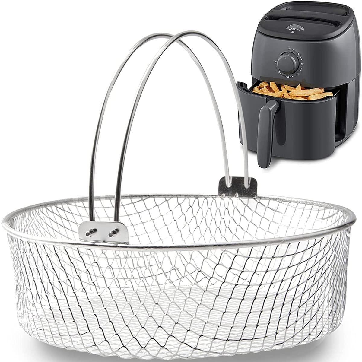 21CM 304 Stainless Steel Air Fryer Mesh Basket with Handle - Crisper Basket for Air Fryer Accessories | Perfect for Healthy Cooking, French Fries, Chicken Wings & Vegetables in Home Kitchen